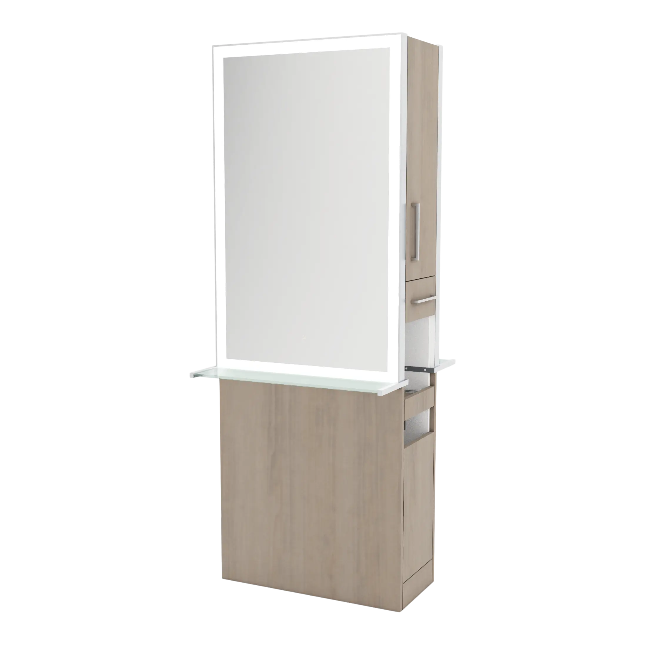 Glo Double Operator Styling Station with Slide-out Appliance Holder, Glass Shelf, and Silver Rectangle Glo Mirror