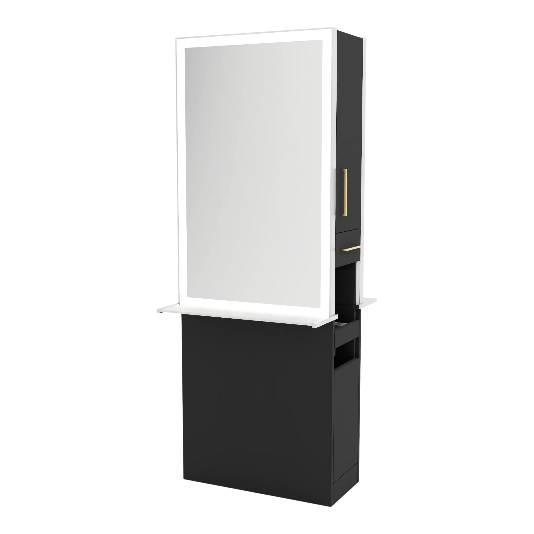 Glo Double Operator Styling Station with Slide-out Appliance Holder, Solid Surface Shelf, and Silver Rectangle Glo Mirror