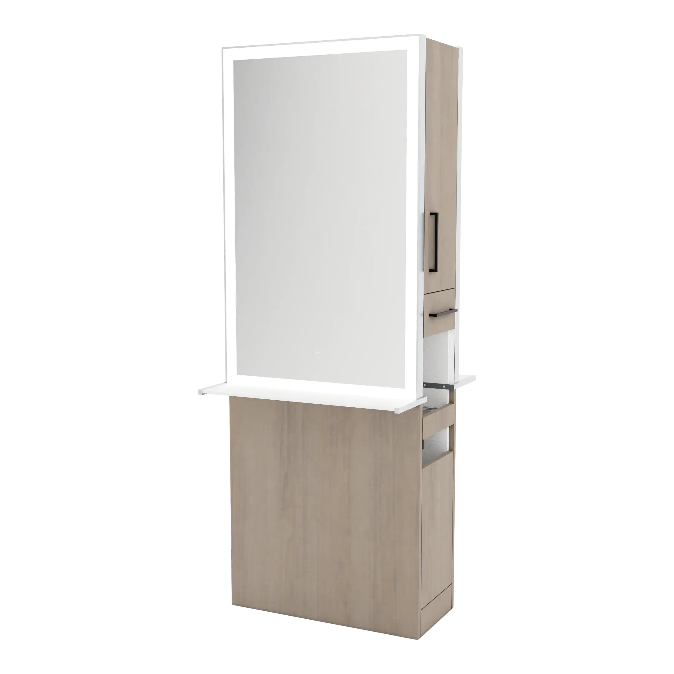 Glo Double Operator Styling Station with Slide-out Appliance Holder, Solid Surface Shelf, and Silver Rectangle Glo Mirror