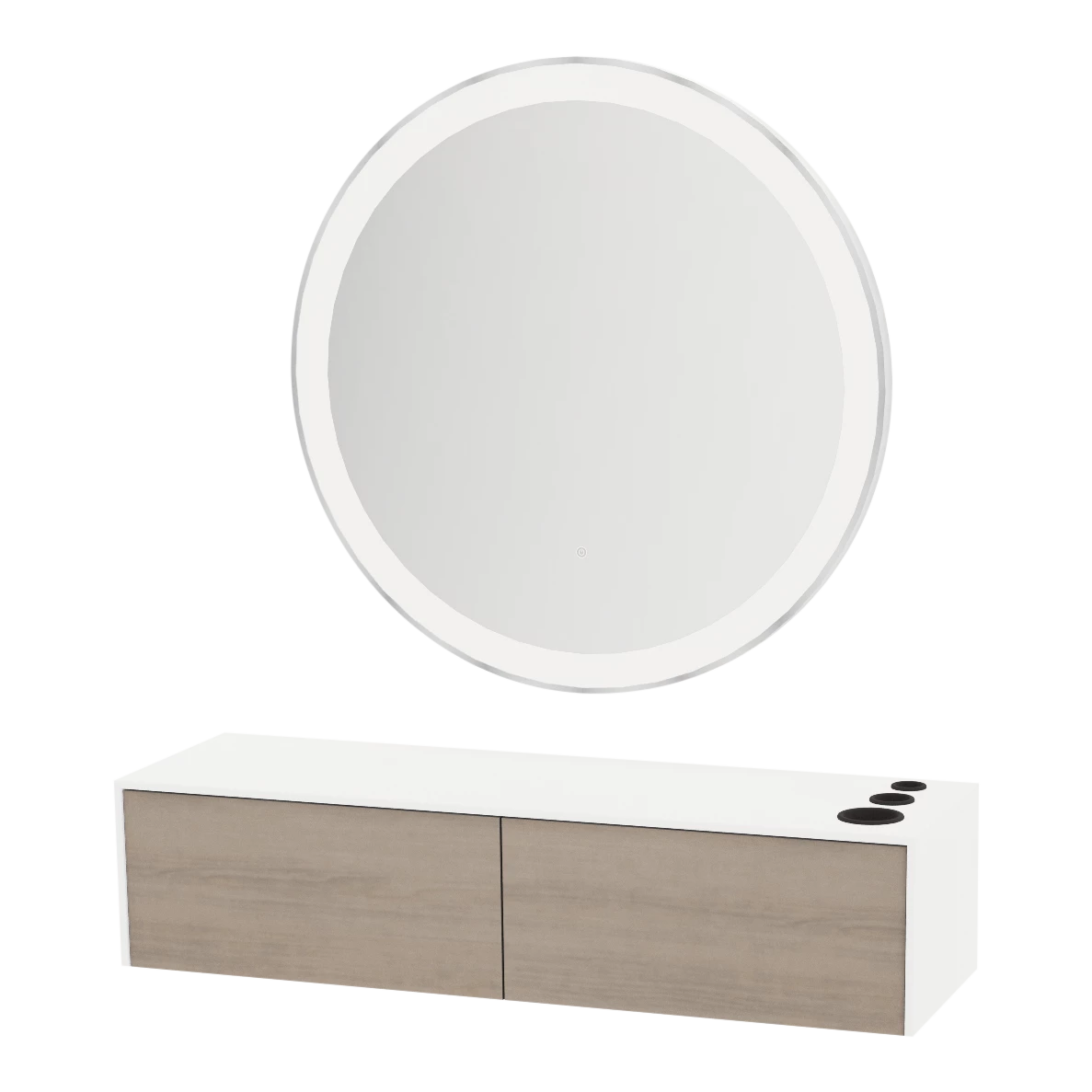Glo Wall Mount Styling Station with Nestled Appliance Holder, Solid Surface Countertop, and Silver Round Glo Mirror