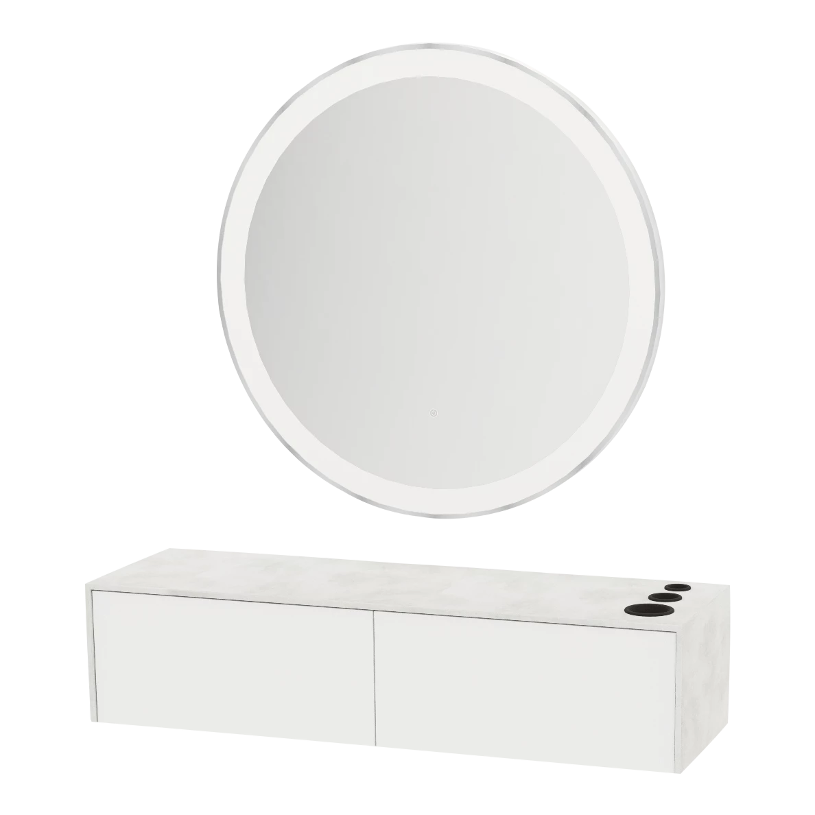 Glo Wall Mount Styling Station with Nestled Appliance Holder, Solid Surface Countertop, and Silver Round Glo Mirror