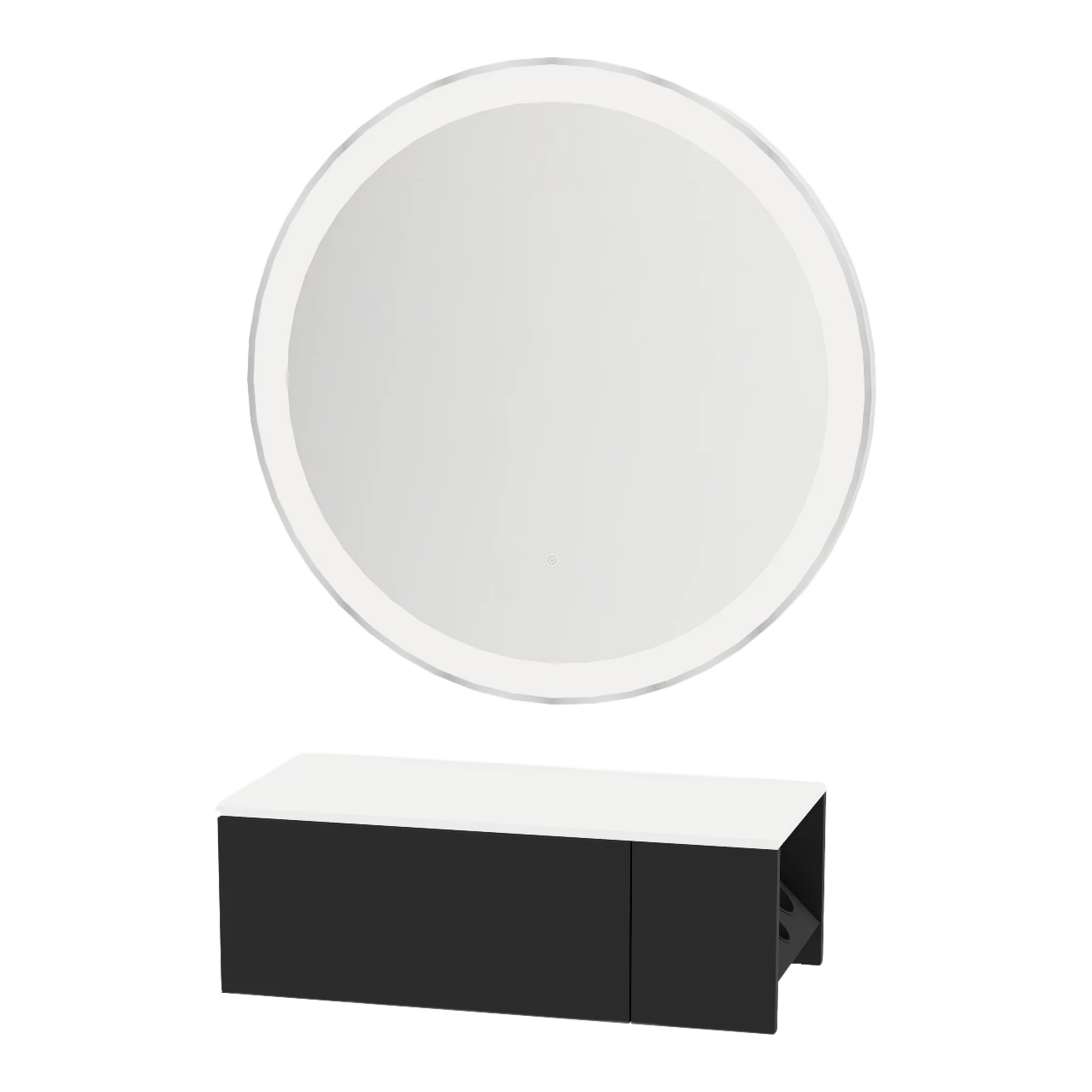 Glo Wall Mount Styling Station with Concealed Appliance Holder, Solid Surface Countertop, and Silver Round Glo Mirror