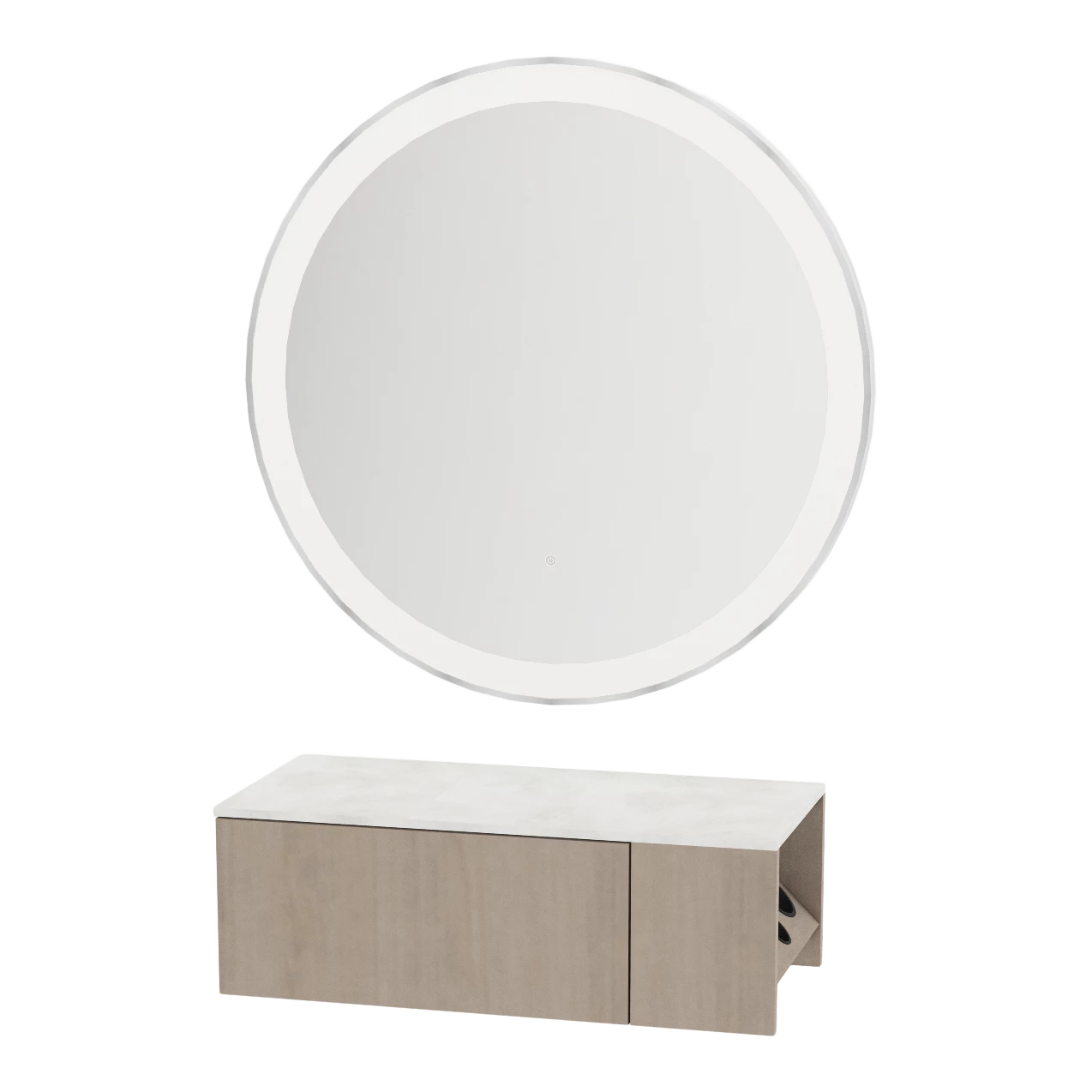 Glo Wall Mount Styling Station with Concealed Appliance Holder, Solid Surface Countertop, and Silver Round Glo Mirror