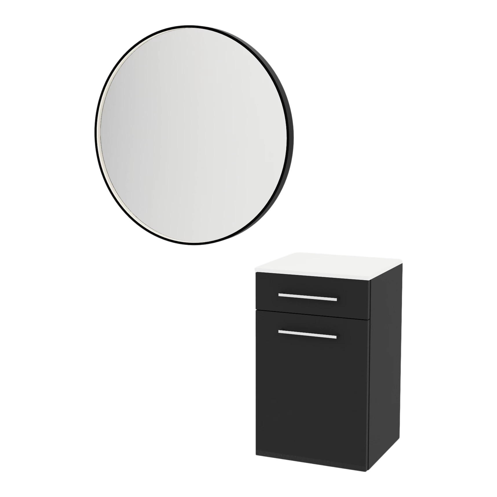 Glo Wall Mount Styling Station with Tilt-out Appliance Holder, Solid Surface Countertop, and Black Round Westin Mirror
