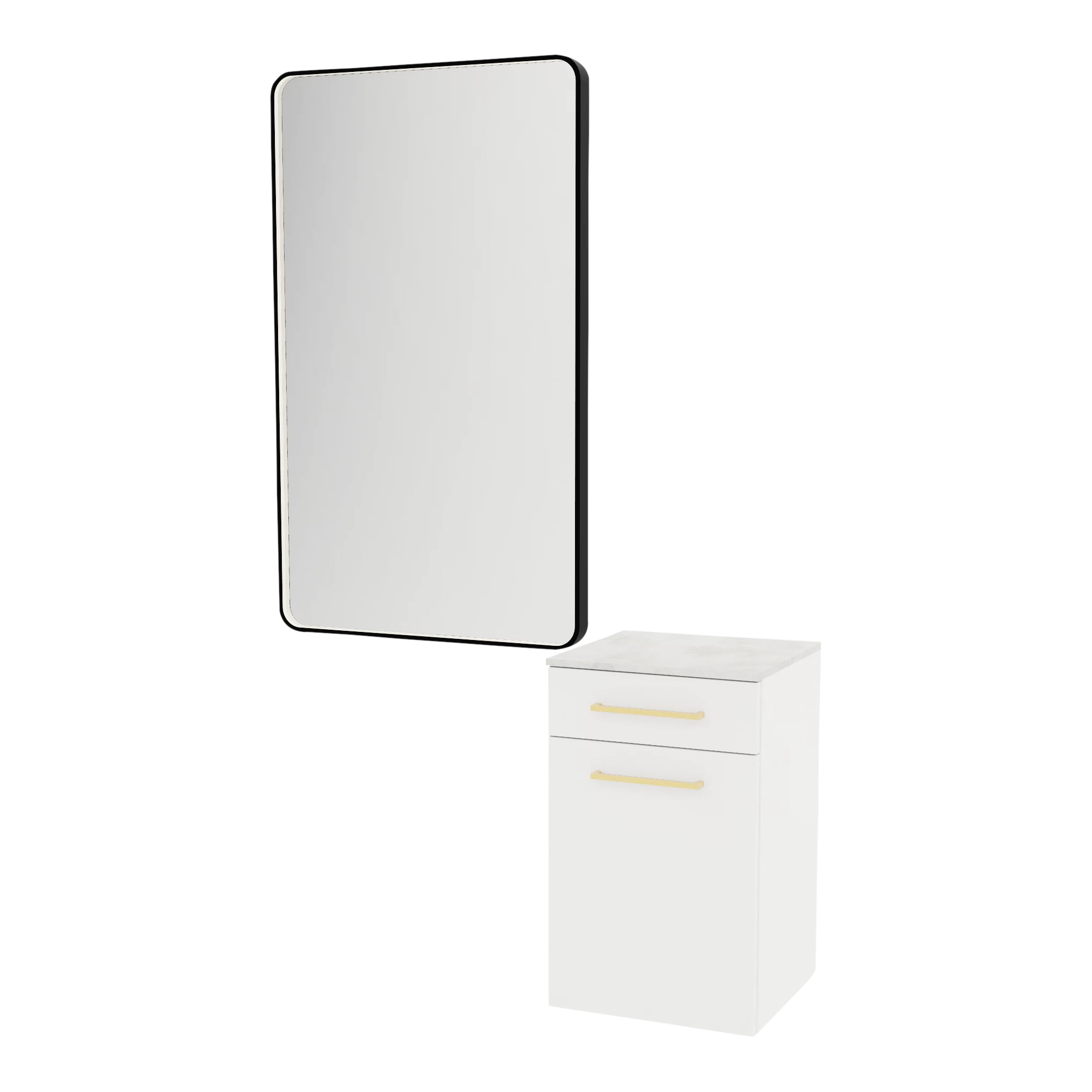 Glo Laminate Wall Mount Styling Station with Solid Surface Countertop, Tilt-Out Appliance Holder, and Westin Rectangle Mirror