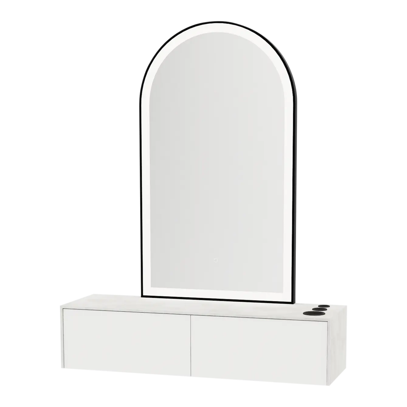 Glo Wall Mount Styling Station with Nestled Appliance Holder, Solid Surface Countertop, and Black Arch Paloma Mirror