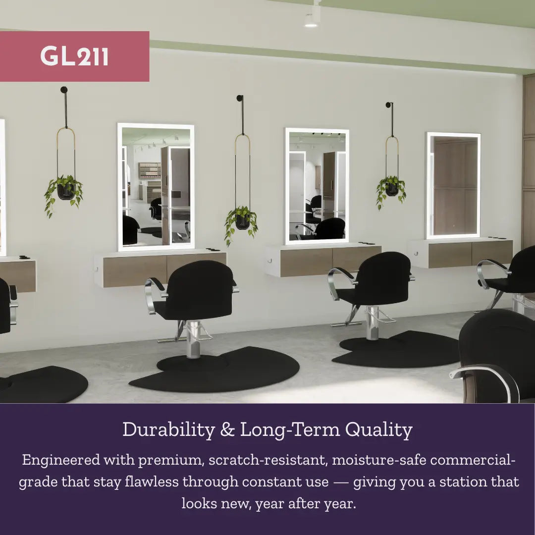 Glo Wall Mount Styling Station with Nestled Appliance Holder and Silver Rectangle Glo Mirror