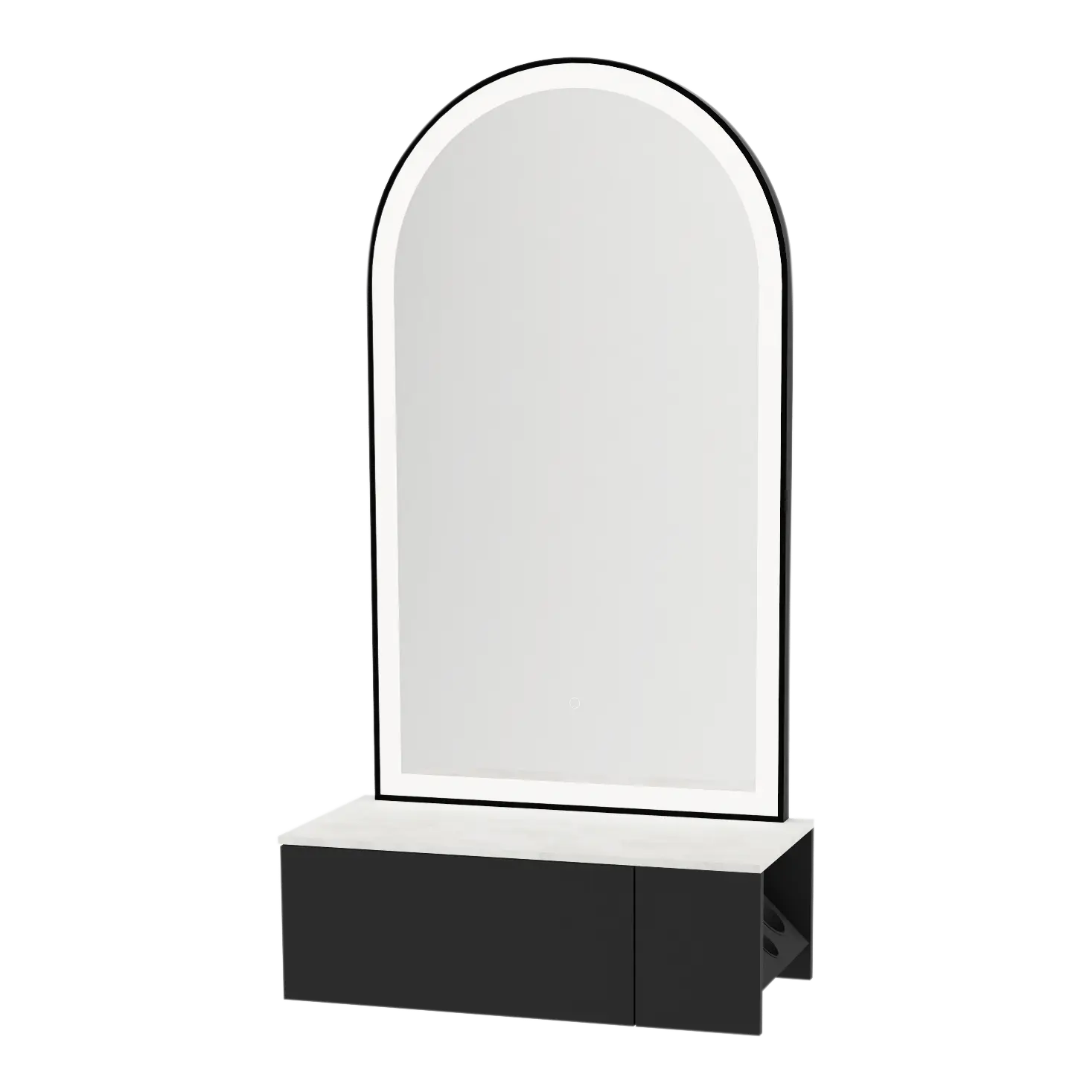 Glo Wall Mount Styling Station with Concealed Appliance Holder, Solid Surface Countertop, and Black Arch Paloma Mirror