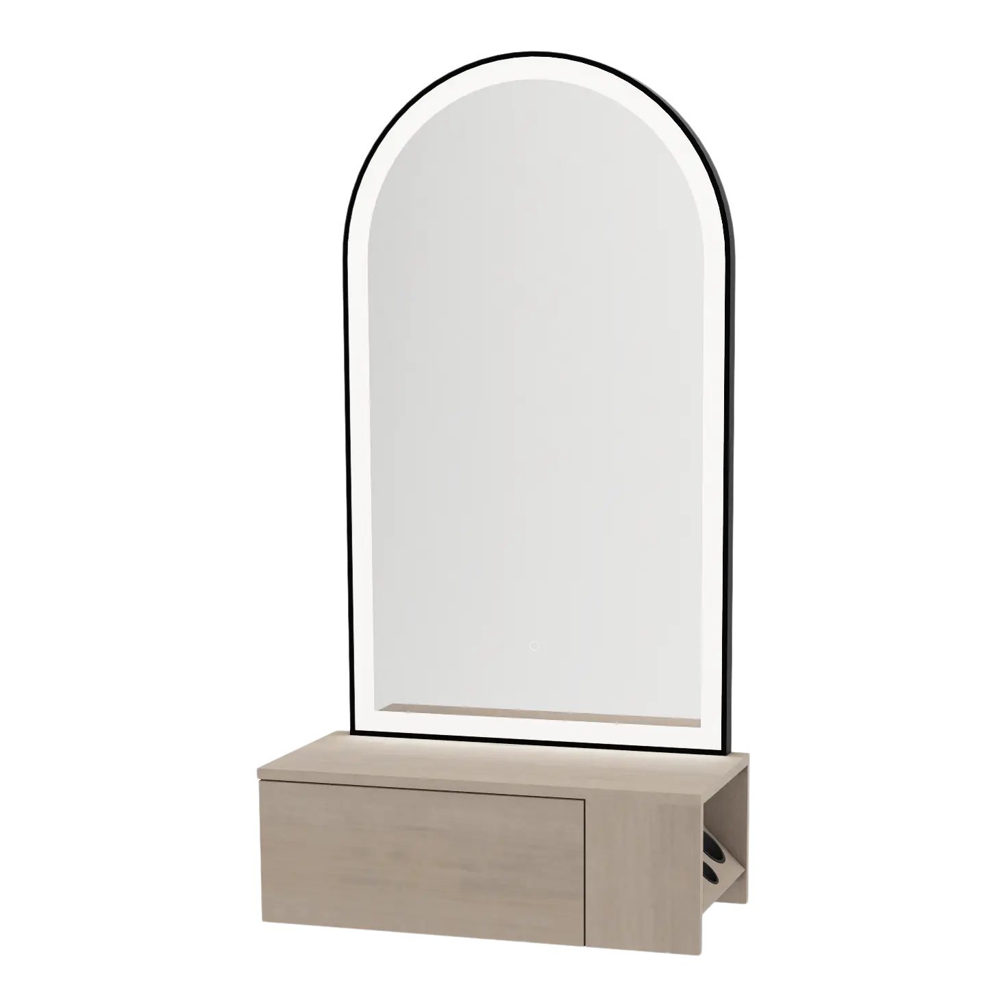 Glo Wall Mount Styling Station with Concealed Appliance Holder and Black Arch Paloma Mirror