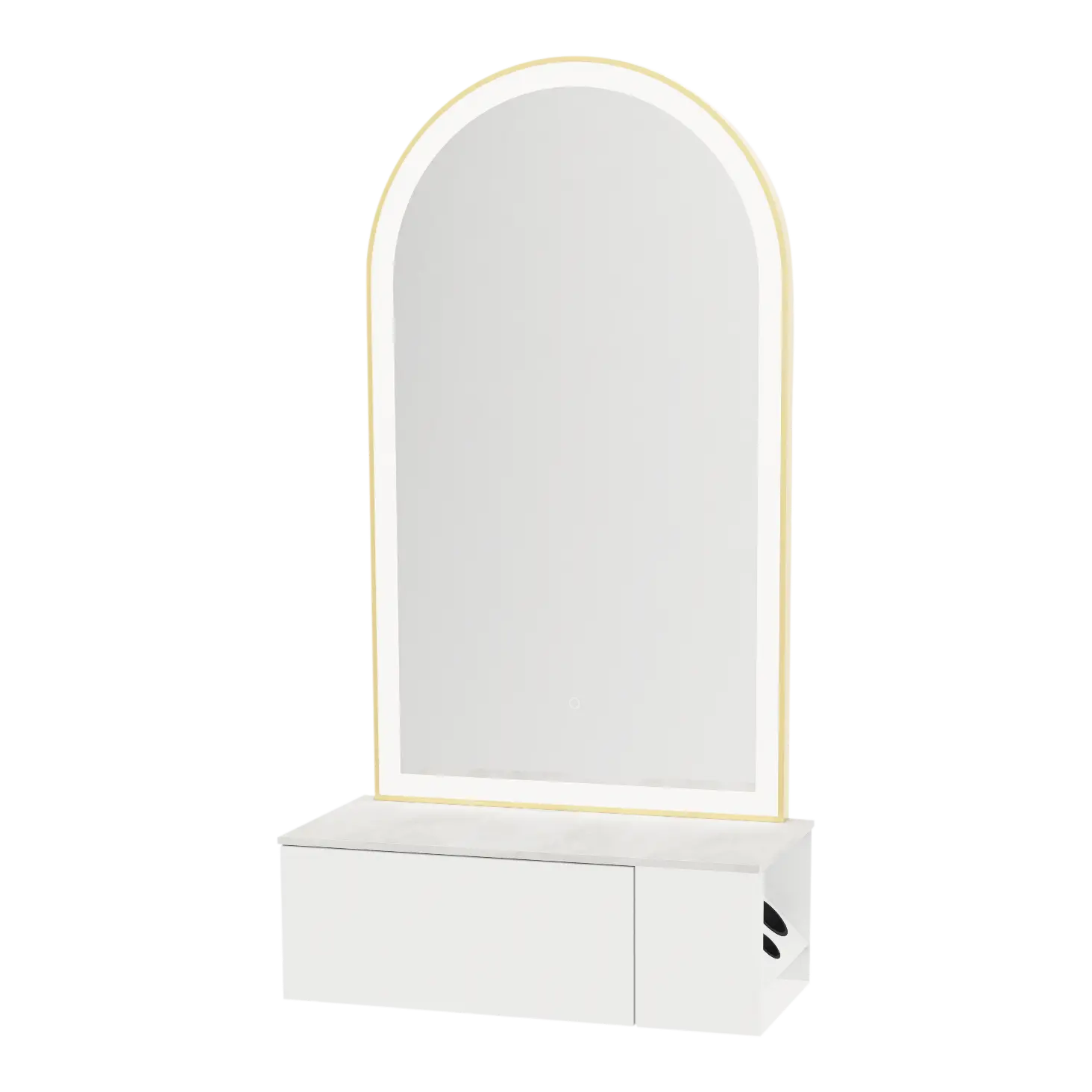 Glo Wall Mount Styling Station with Concealed Appliance Holder, Solid Surface Countertop, and Gold Arch Paloma Mirror