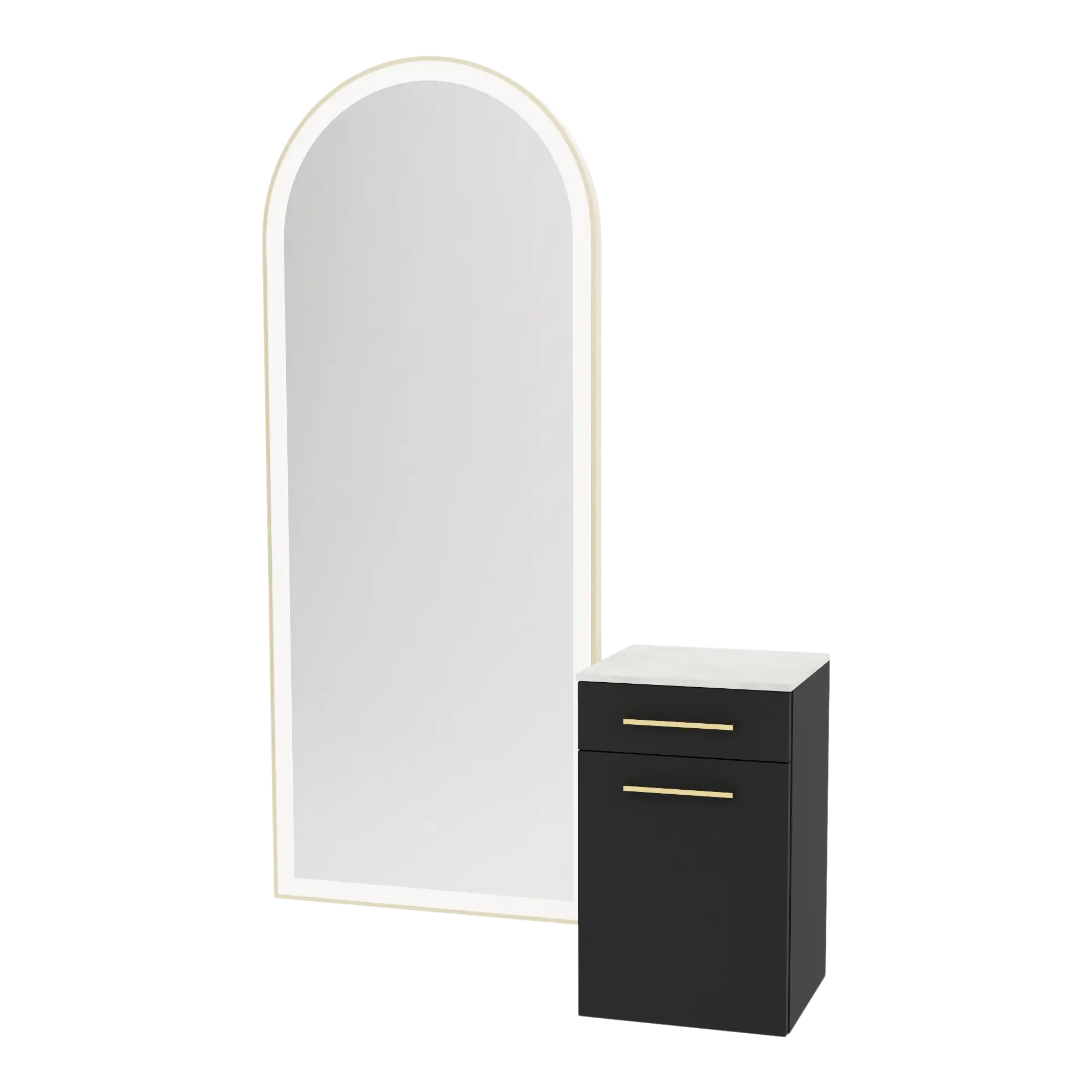 Glo Wall Mount Styling Station with Tilt-out Appliance Holder, Solid Surface Countertop, and Gold Full-Length Arch Paloma Mirror