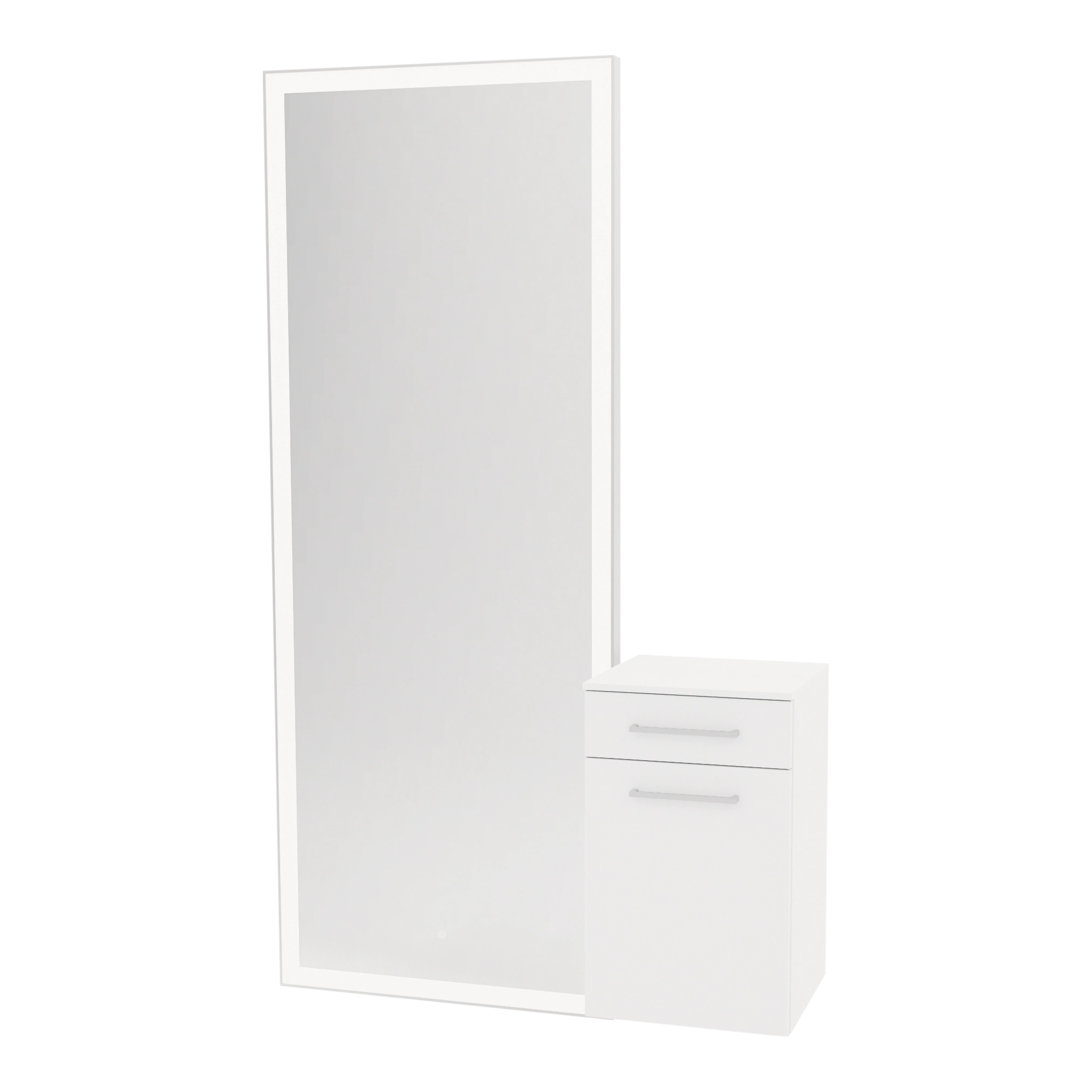 Glo Wall Mount Styling Station with Tilt-out Appliance Holder, Solid Surface Countertop, and Silver Full-Length Rectangle Glo Mirror