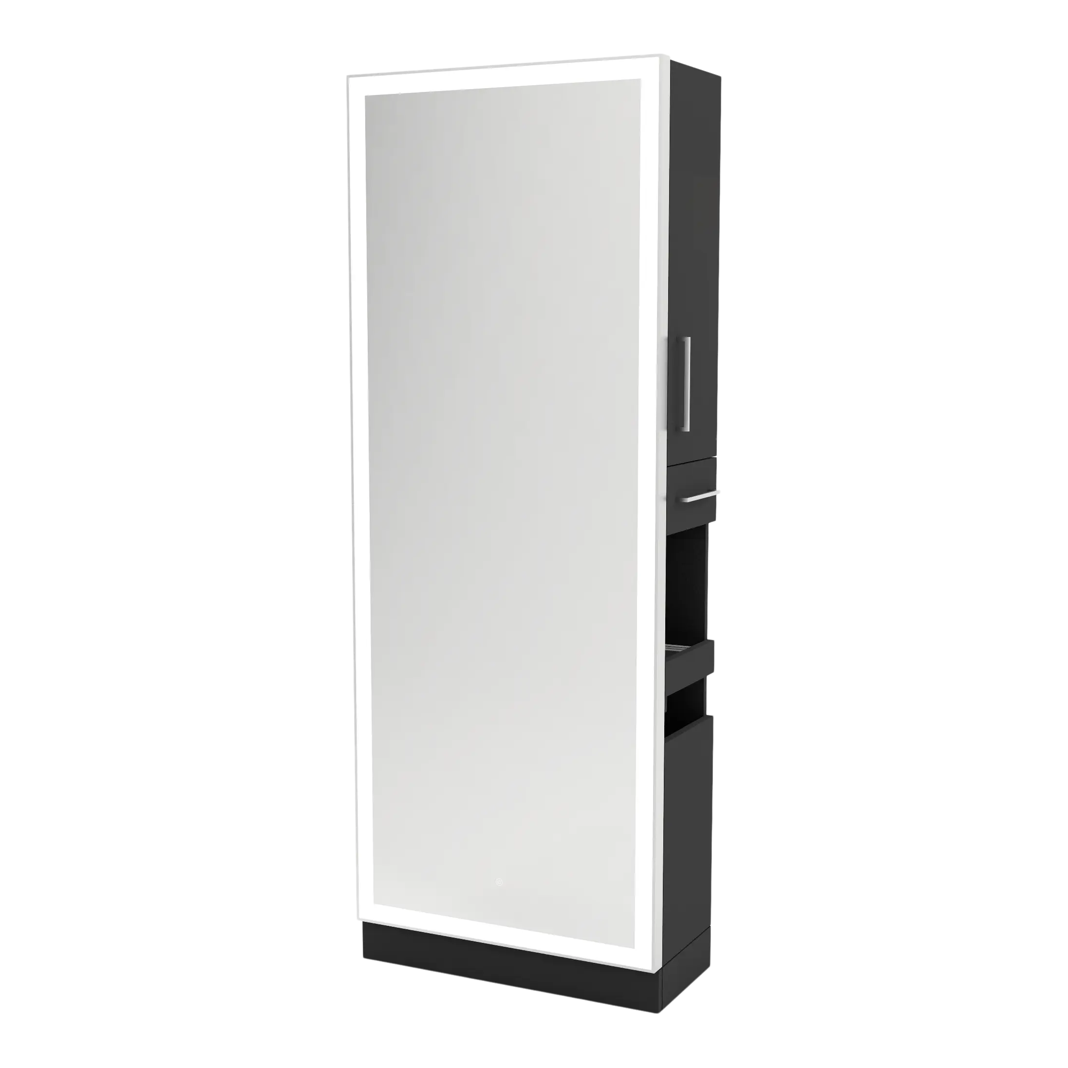 Glo Single Operator Styling Station with Pull-out Appliance Holder, Silver Rectangle Glo Mirror