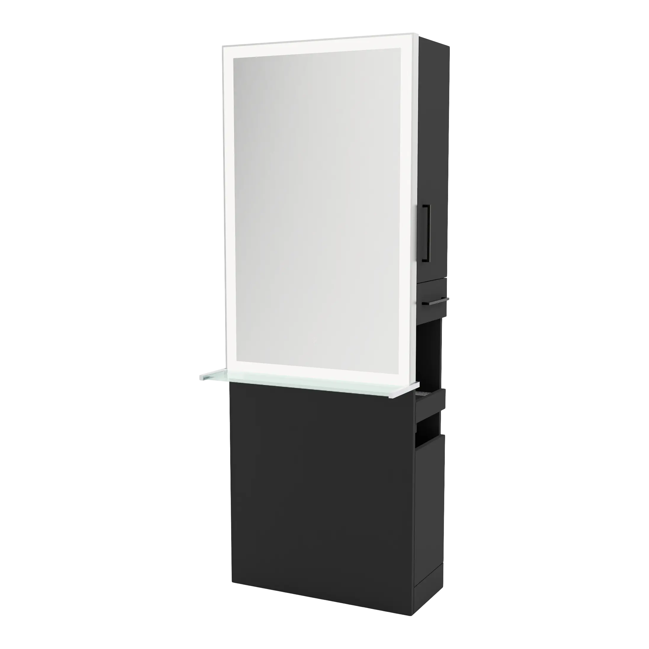 Glo Single Operator Styling Station with Pull-out Appliance Holder, Glass Shelf and Silver Rectangle Glo Mirror