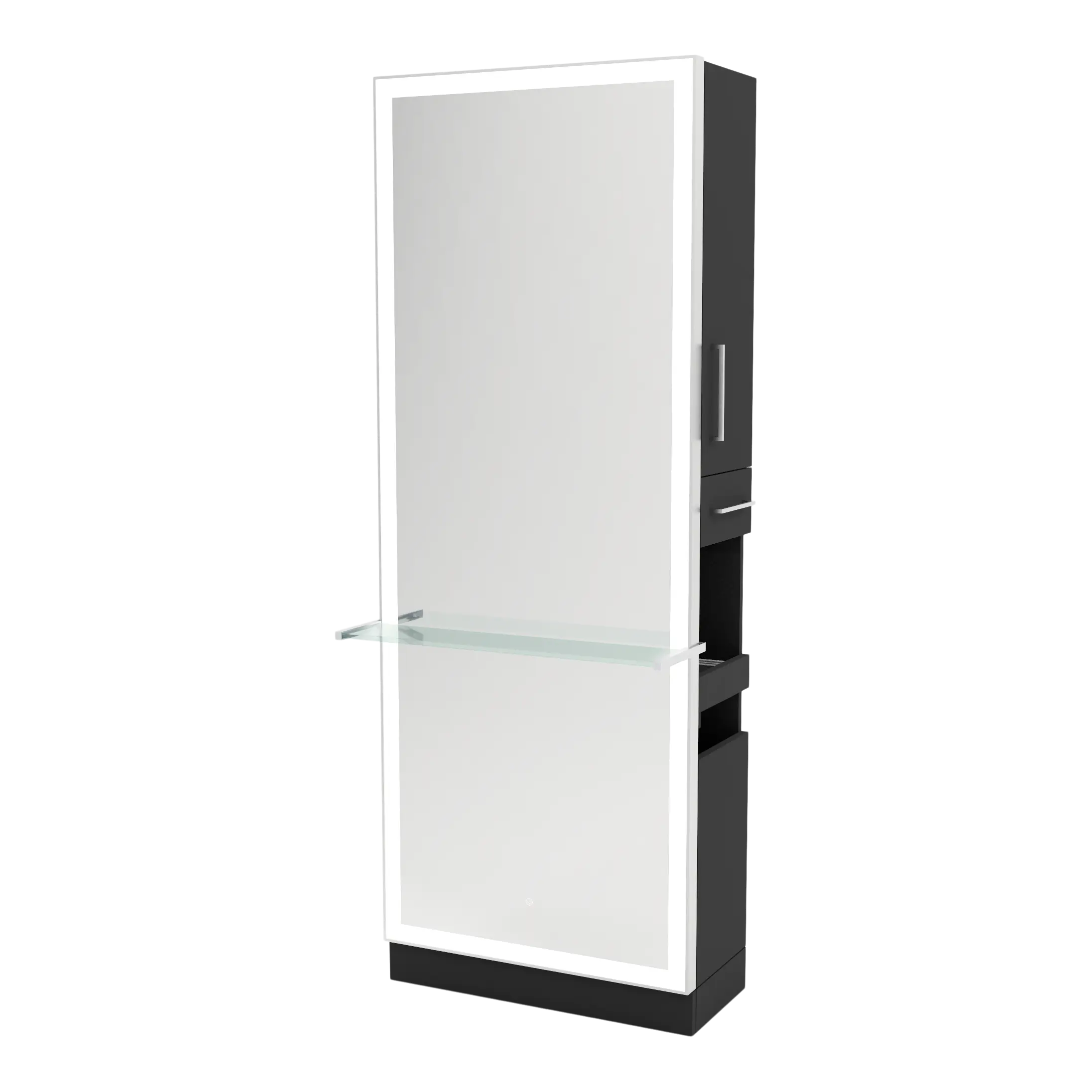 Glo Single Operator Styling Station with Pull-out Appliance Holder, Glass Shelf and Silver Full-Length Rectangle Glo Mirror