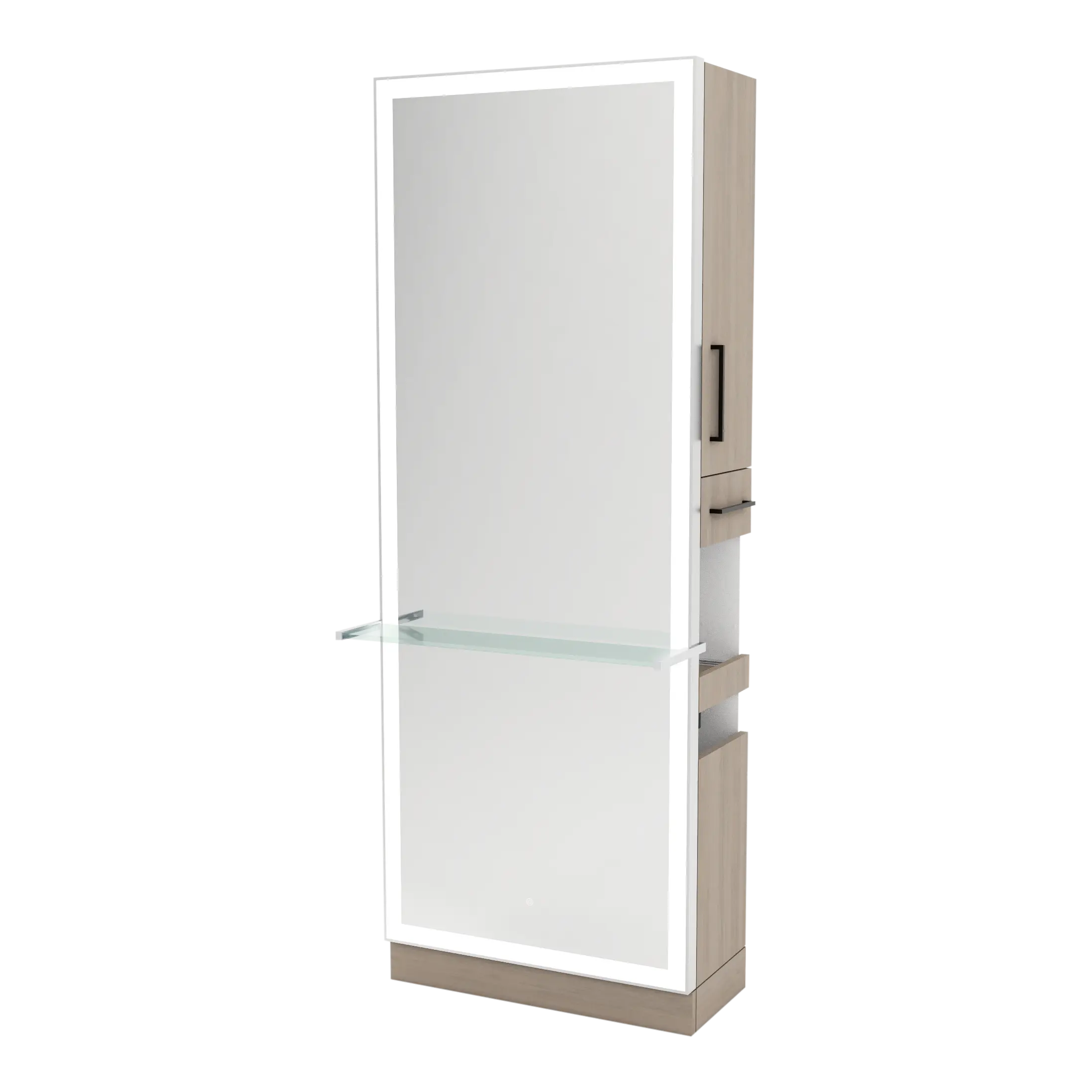 Glo Single Operator Styling Station with Pull-out Appliance Holder, Glass Shelf and Silver Full-Length Rectangle Glo Mirror