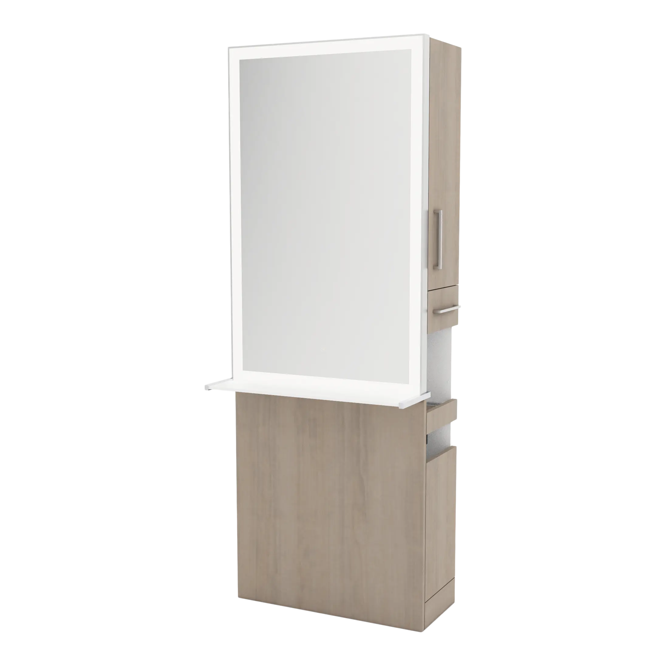 Glo Single Operator Styling Station with Pull-out Appliance Holder, Solid Surface Shelf, and Silver Rectangle Glo Mirror