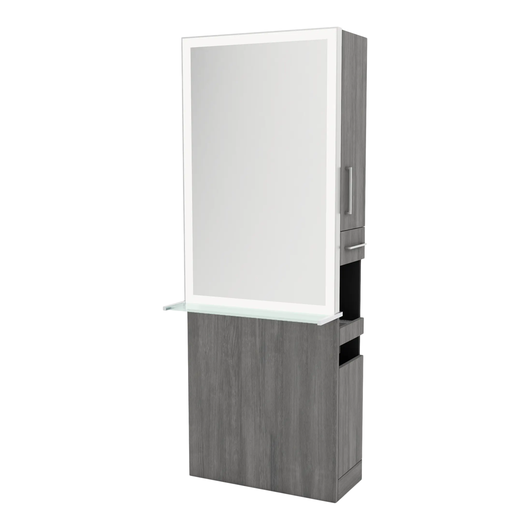 Glo Single Operator Styling Station with Pull-out Appliance Holder, Glass Shelf and Silver Rectangle Glo Mirror