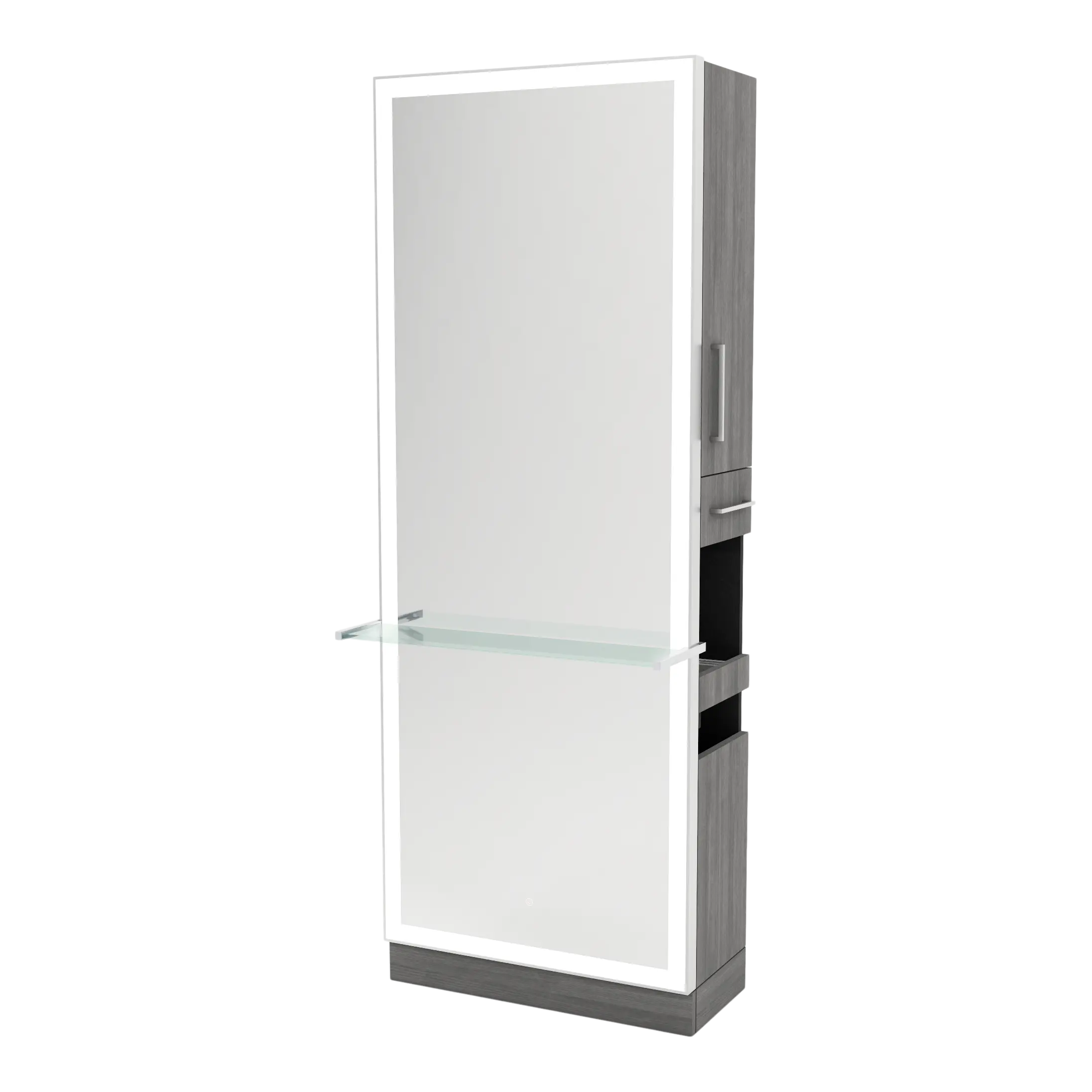 Glo Single Operator Styling Station with Pull-out Appliance Holder, Glass Shelf and Silver Full-Length Rectangle Glo Mirror