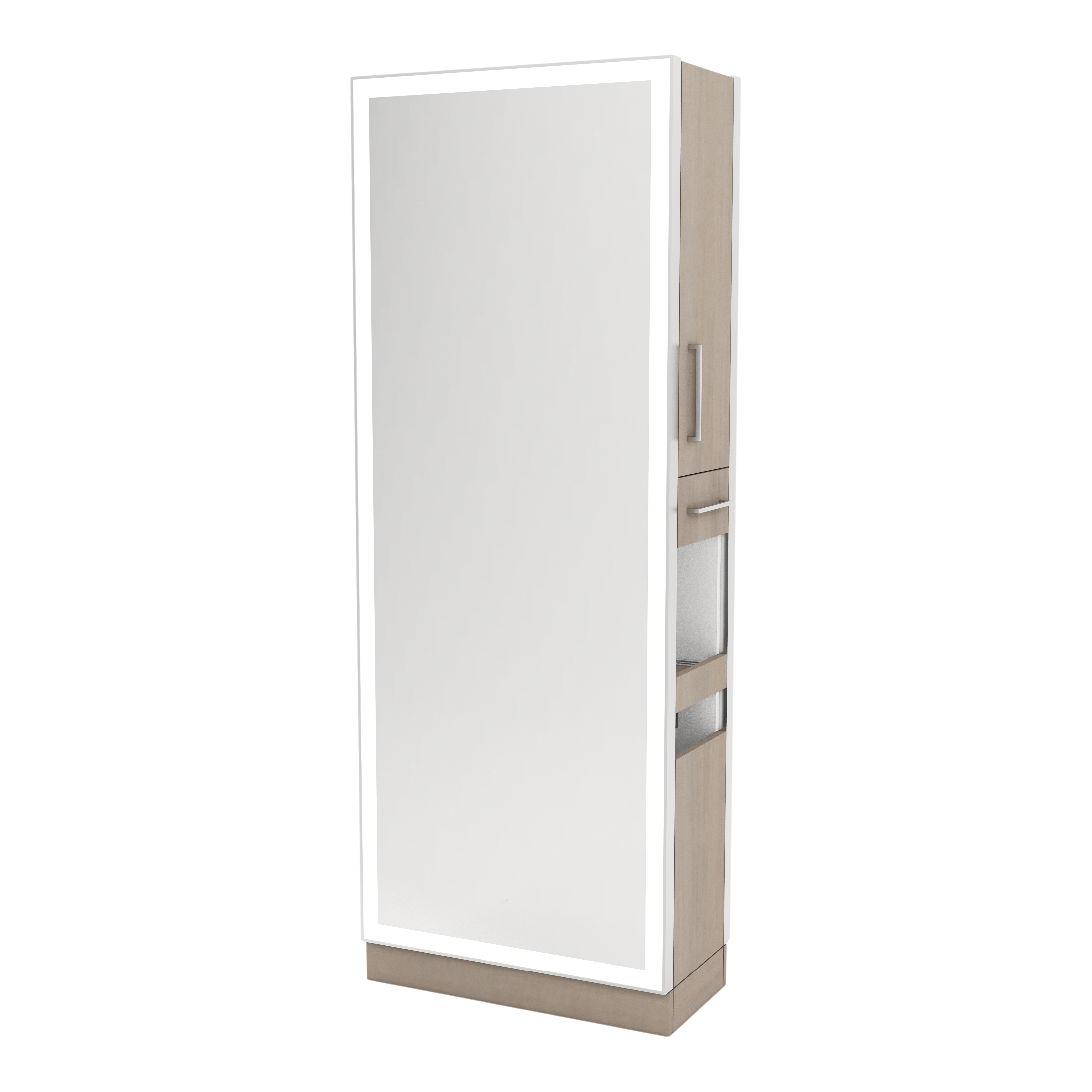 Glo Double Operator Styling Station with Slide-out Appliance Holder and Silver Full-Length Rectangle Glo Mirror