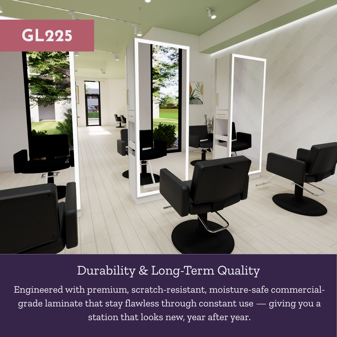 Glo Double Operator Styling Station with Slide-out Appliance Holder and Silver Full-Length Rectangle Glo Mirror