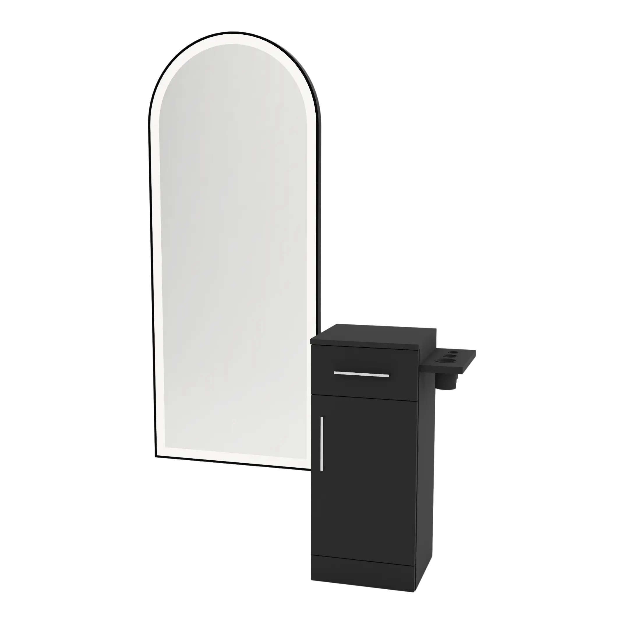 Nova Tower Free Standing Styling Station with Side-Mount Appliance Holder and Black Full-Length Arch Paloma Mirror