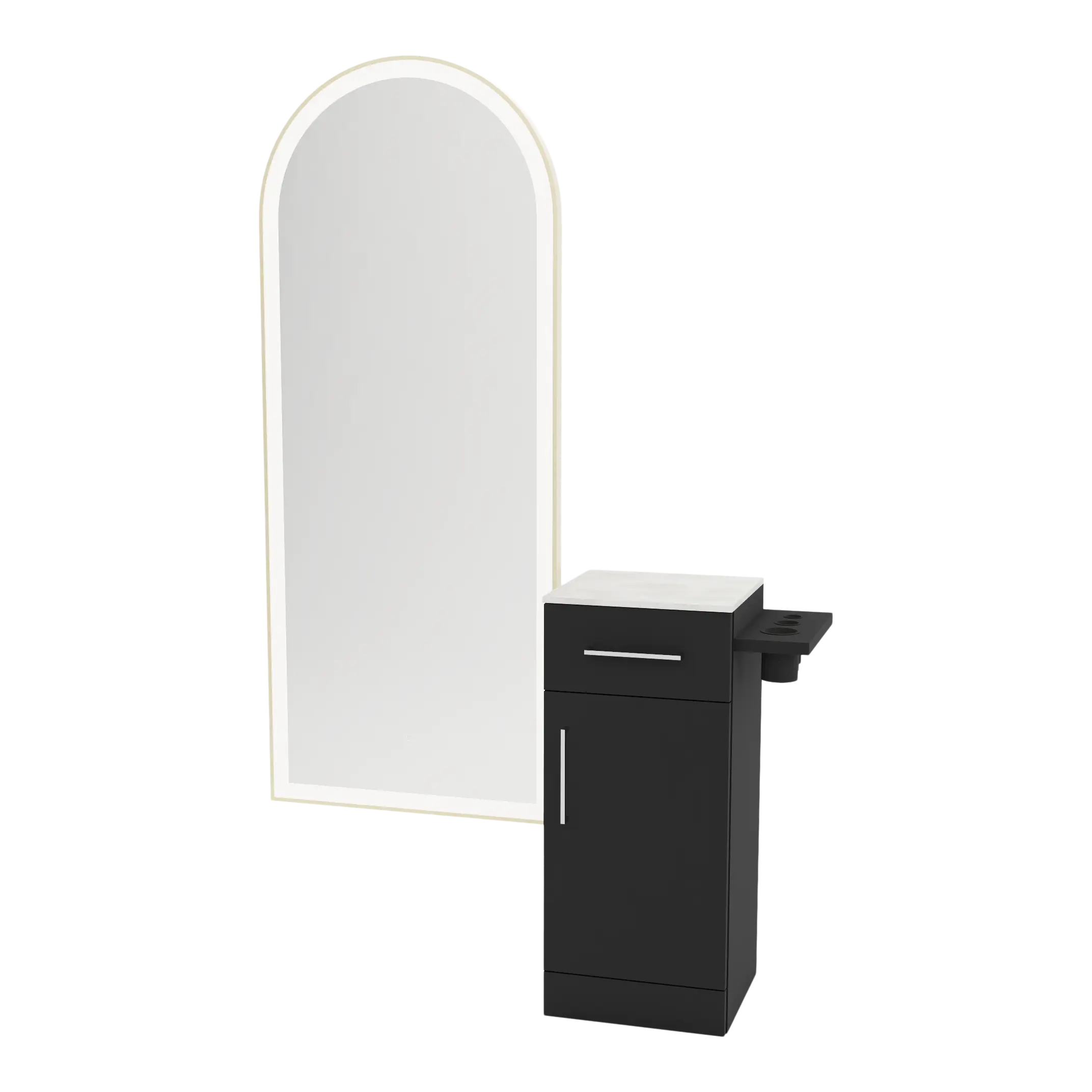 Nova Tower Free Standing Styling Station with Side-Mount Appliance Holder, Solid Surface Countertop, and Gold Full-Length Arch Paloma Mirror