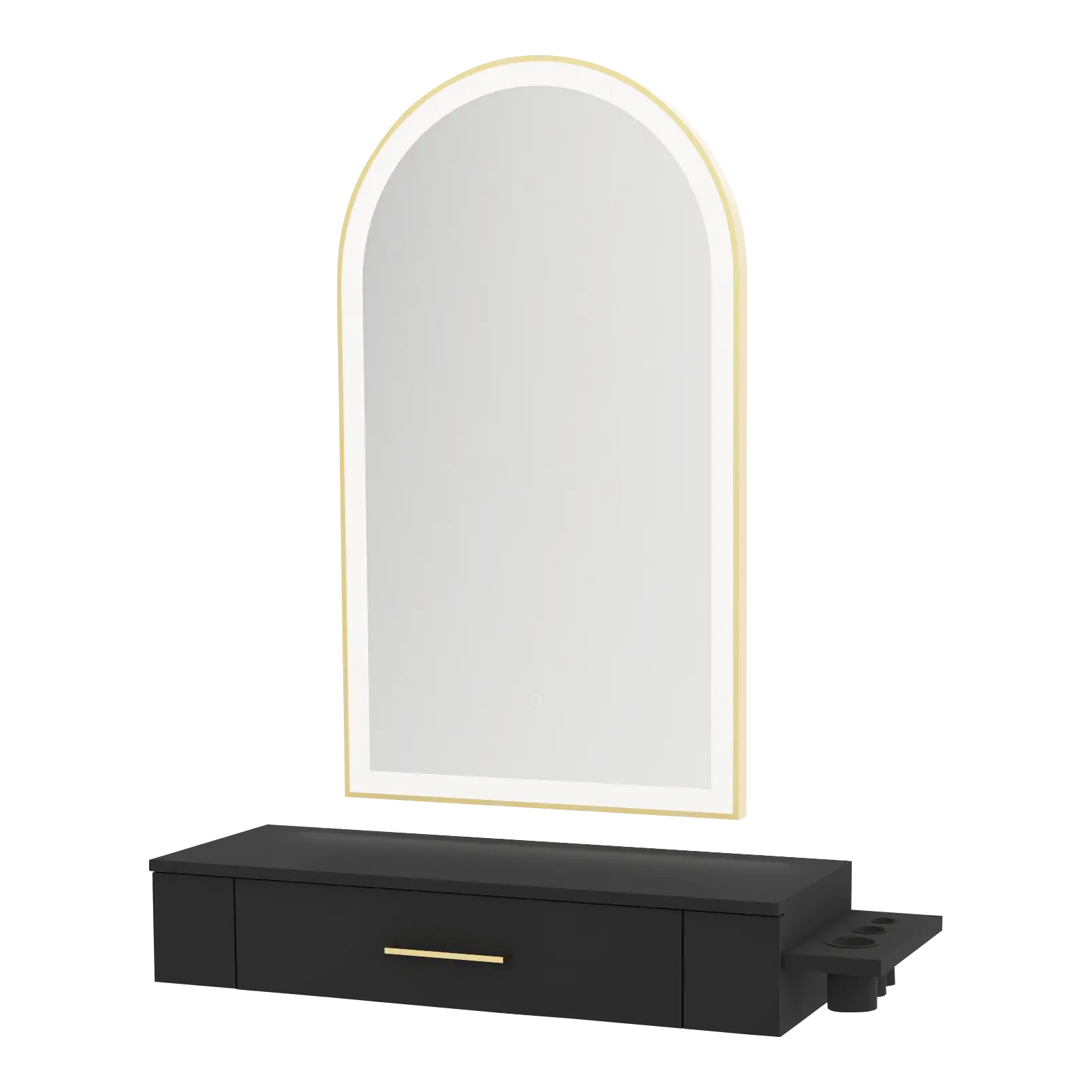 Nova Wall Mount Styling Station with Side-Mount Appliance Holder and Gold Paloma Arch Mirror