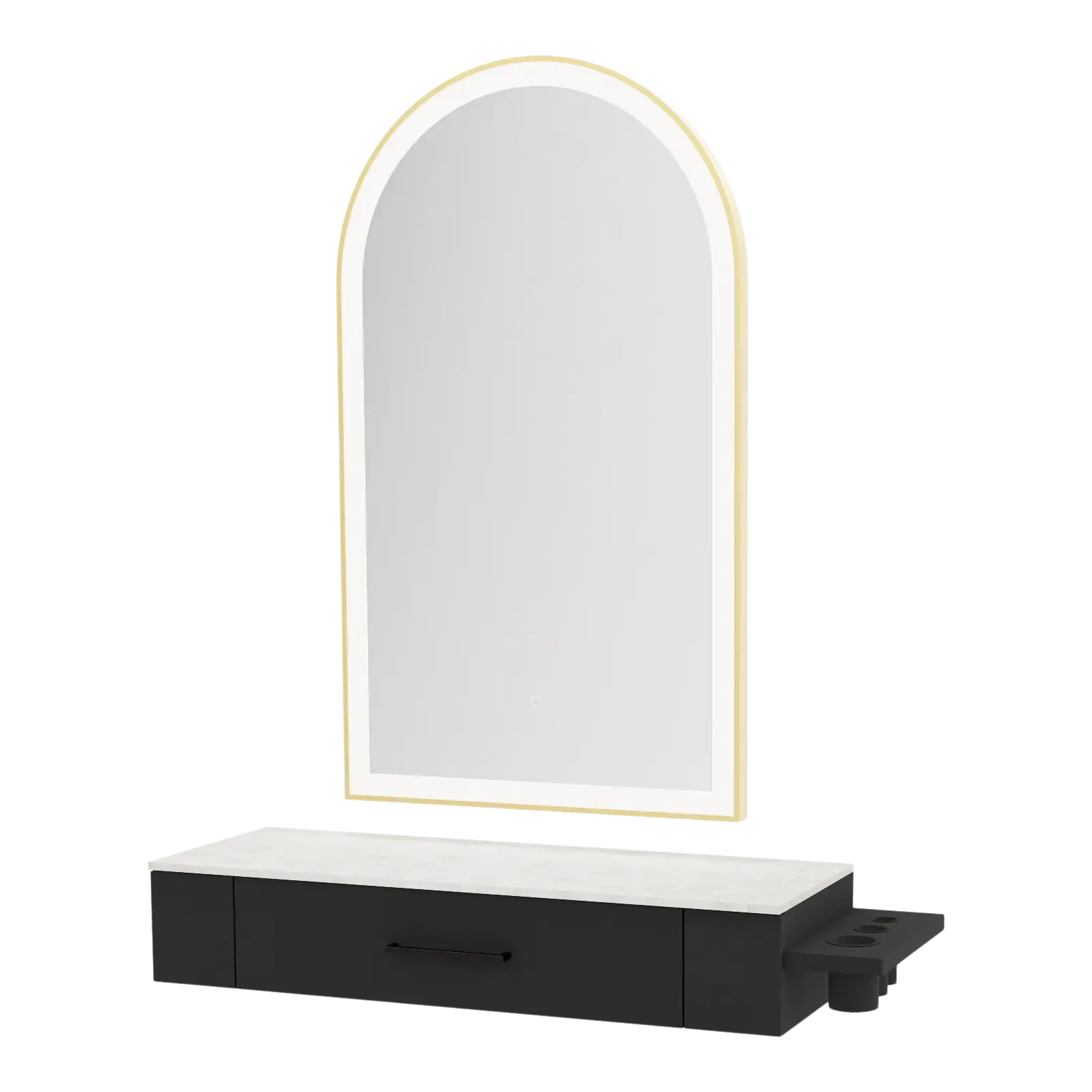 Nova Wall Mount Styling Station with Side-Mount Appliance Holder, Solid Surface Countertop and Gold Paloma Arch Mirror