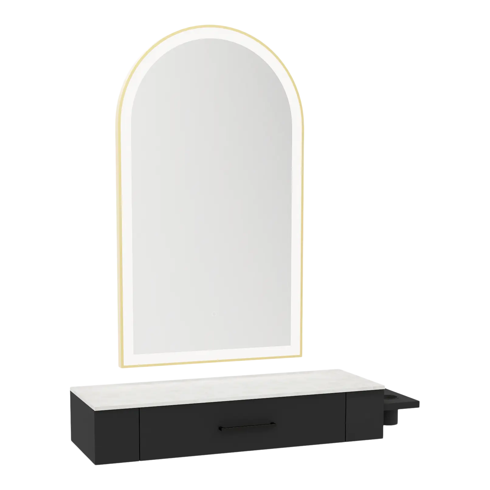 Nova Wall Mount Styling Station with Side-Mount Appliance Holder, Solid Surface Countertop and Gold Paloma Arch Mirror