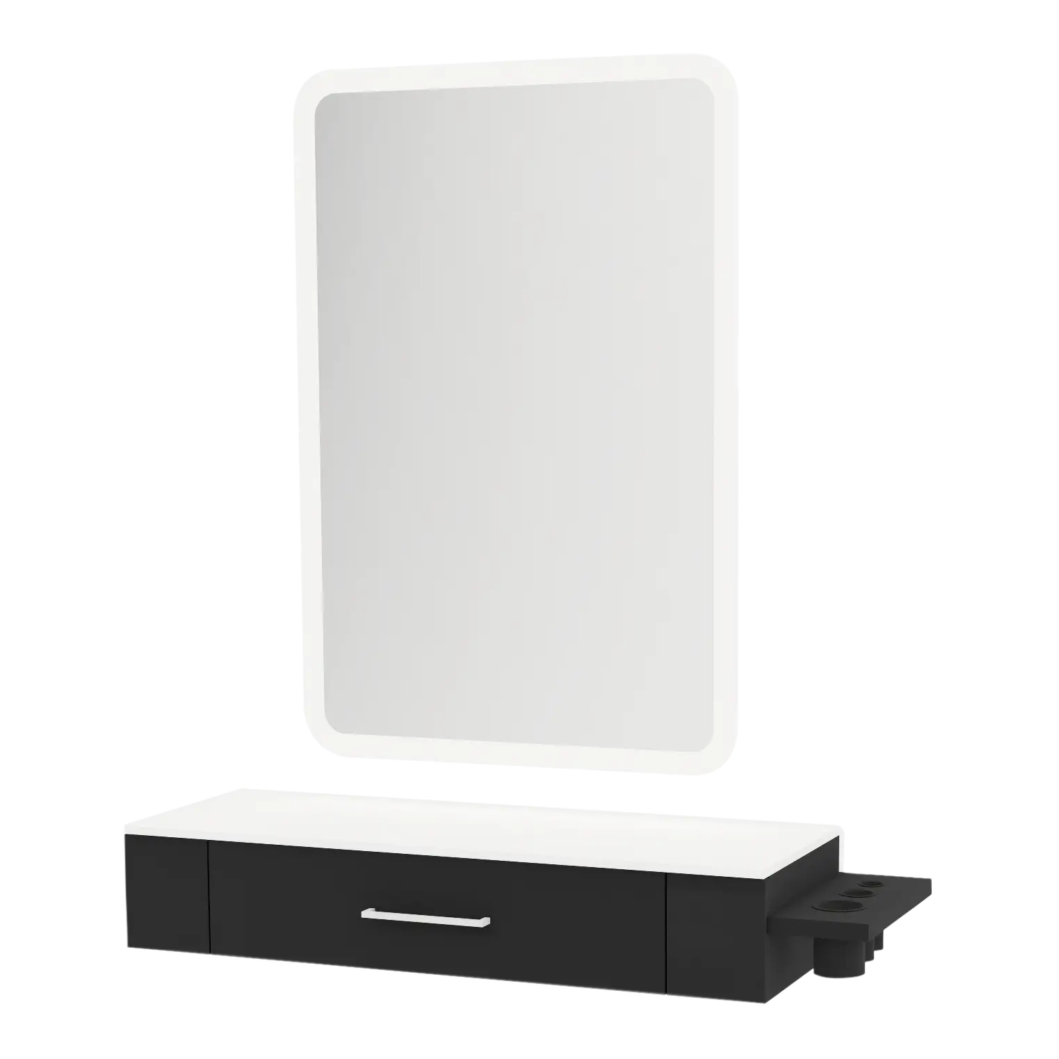 Nova Wall Mount Styling Station with Side-Mount Appliance Holder, Solid Surface Countertop and Illuminate LED Mirror