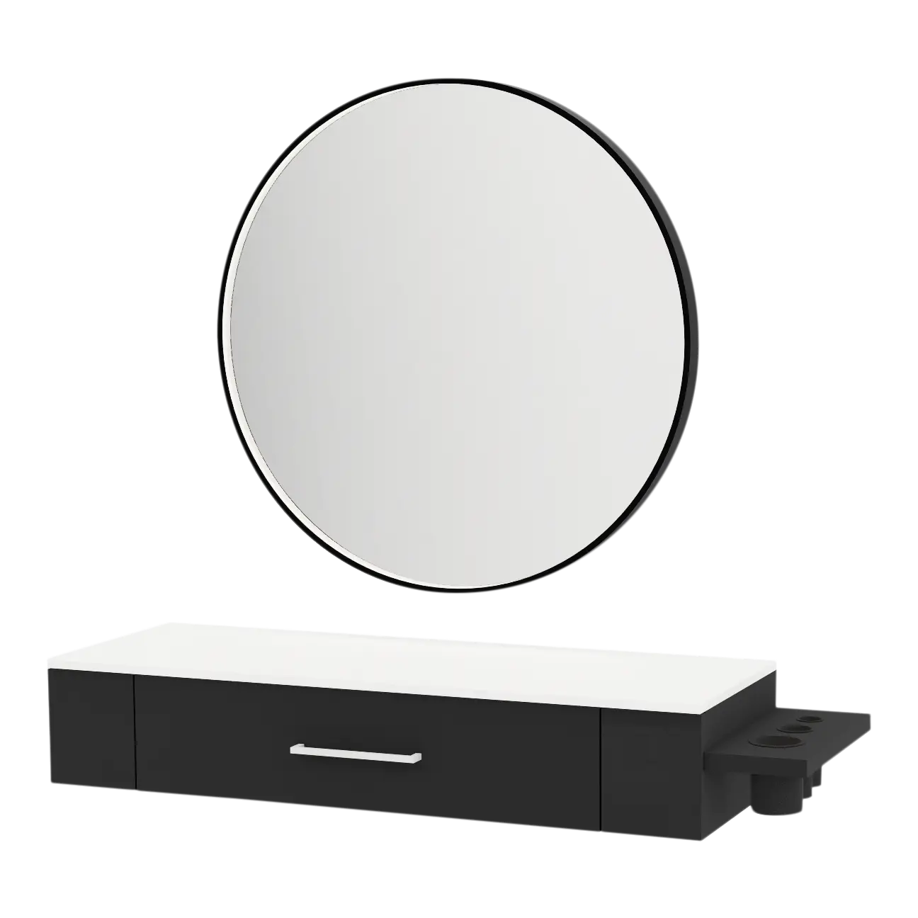 Nova Wall Mount Styling Station with Side-Mount Appliance Holder, Solid Surface Countertop, and Black Round Westin Mirror