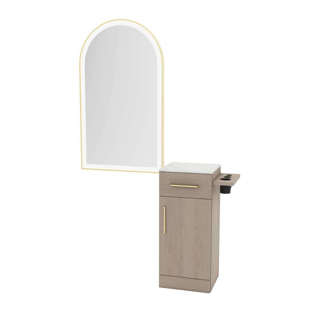 Nova Tower Free Standing Styling Station with Side-Mount Appliance Holder, Solid Surface Countertop, and Gold Arch Paloma Mirror