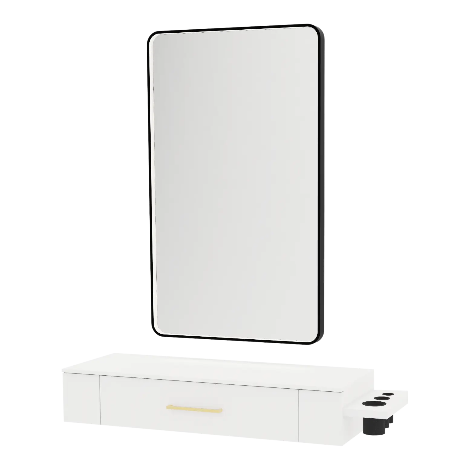 Nova Wall Mount Styling Station with Side-Mount Appliance Holder, Solid Surface Countertop, and Black Rectangle Westin Mirror