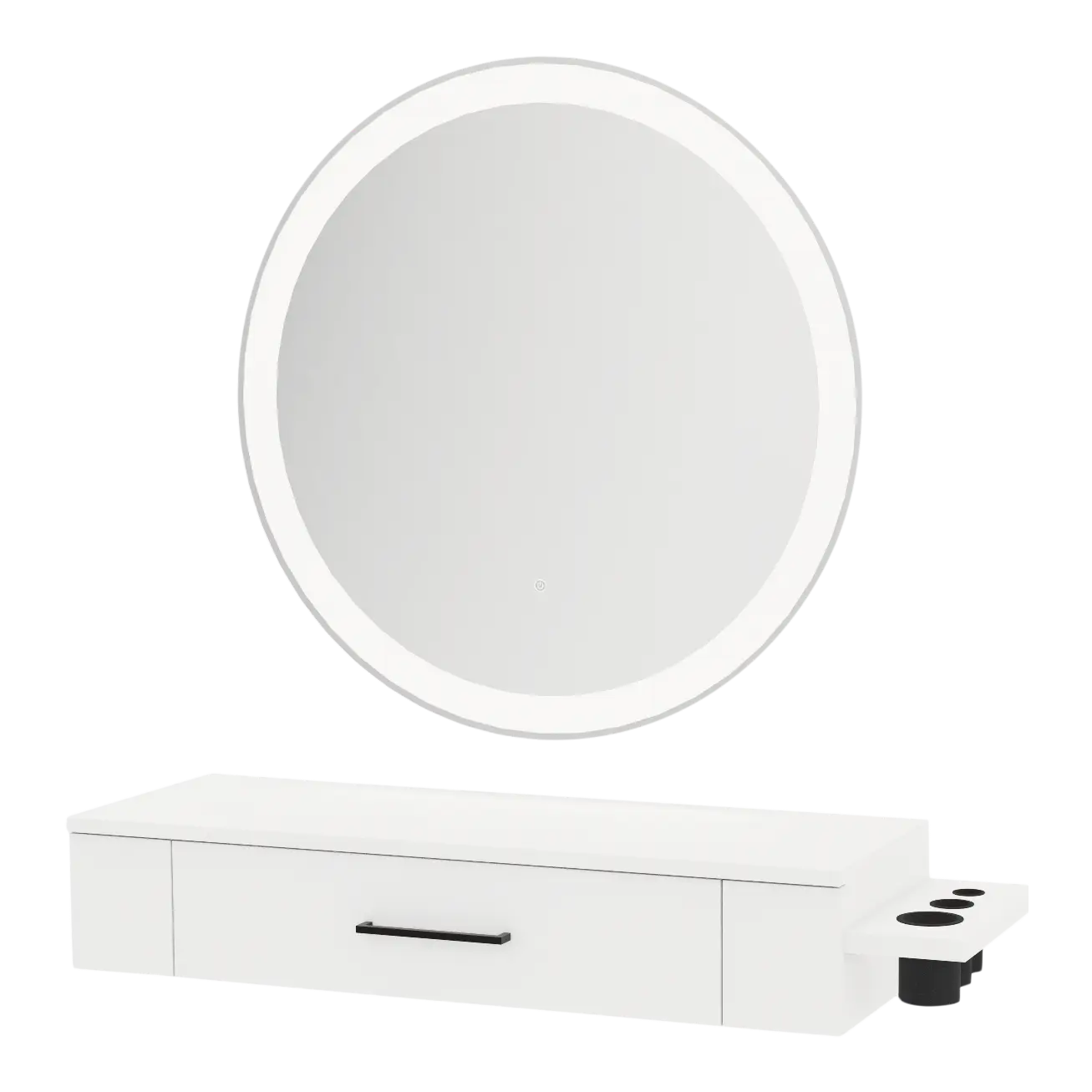 Nova Wall Mount Styling Station with Side-Mount Appliance Holder and Silver Round Glo Mirror