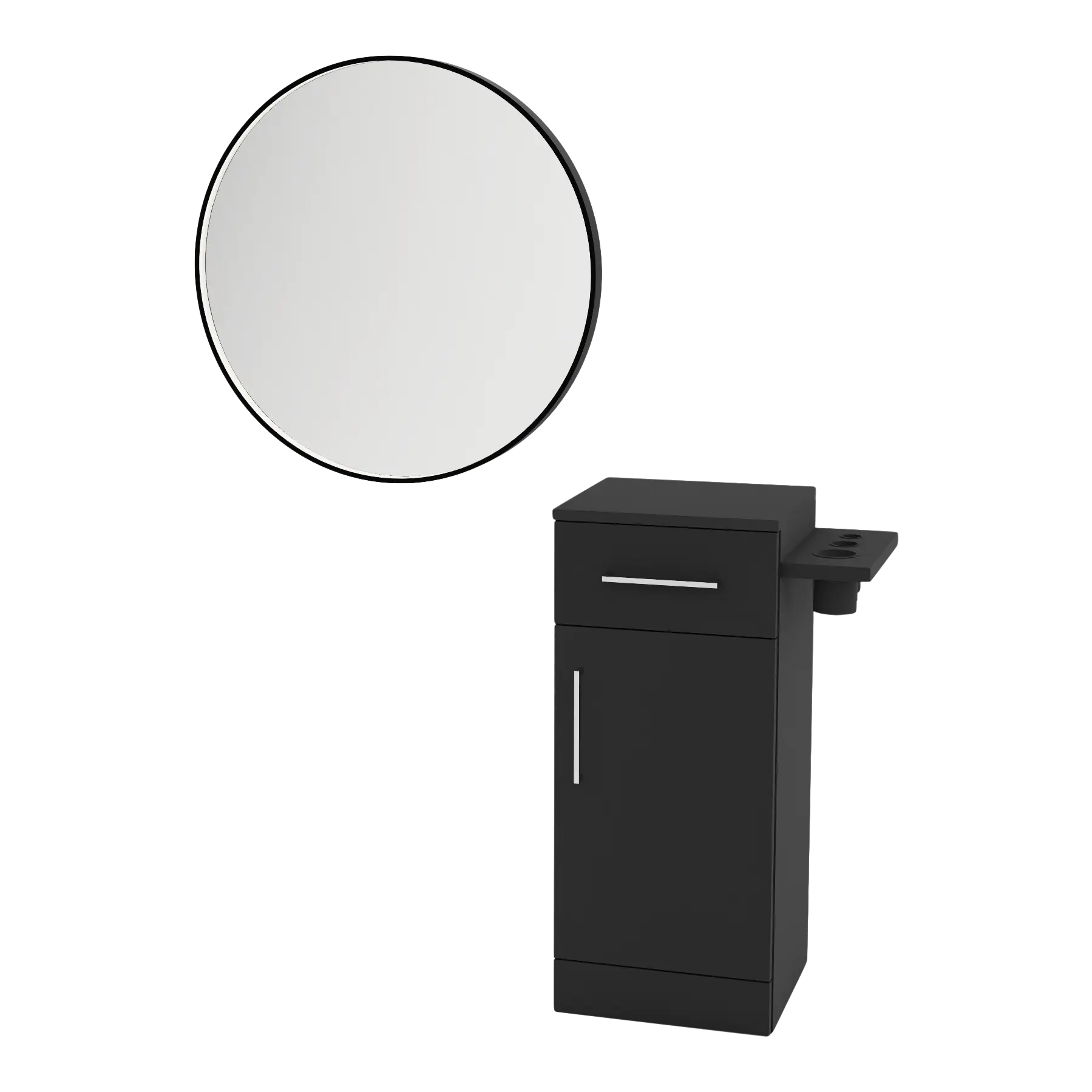 Nova Tower Free Standing Styling Station with Side-Mount Appliance Holder and Black Round Westin Mirror