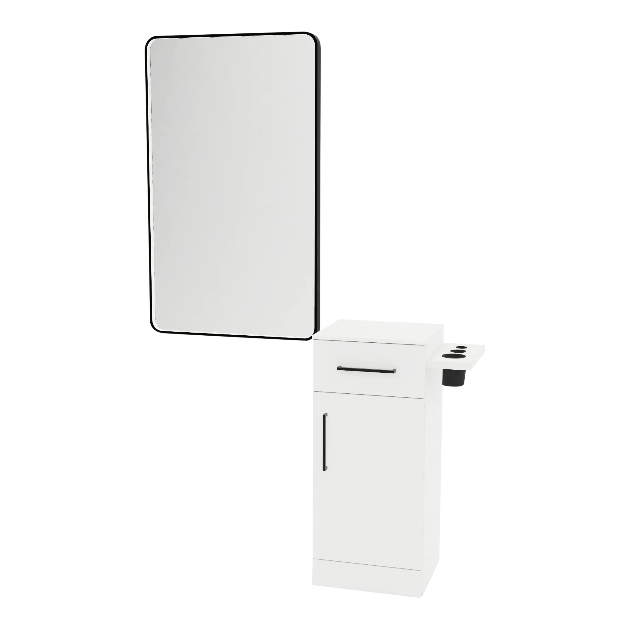 Nova Tower Free Standing Styling Station with Side-Mount Appliance Holder, Solid Surface Countertop, and Black Rectangle Westin Mirror