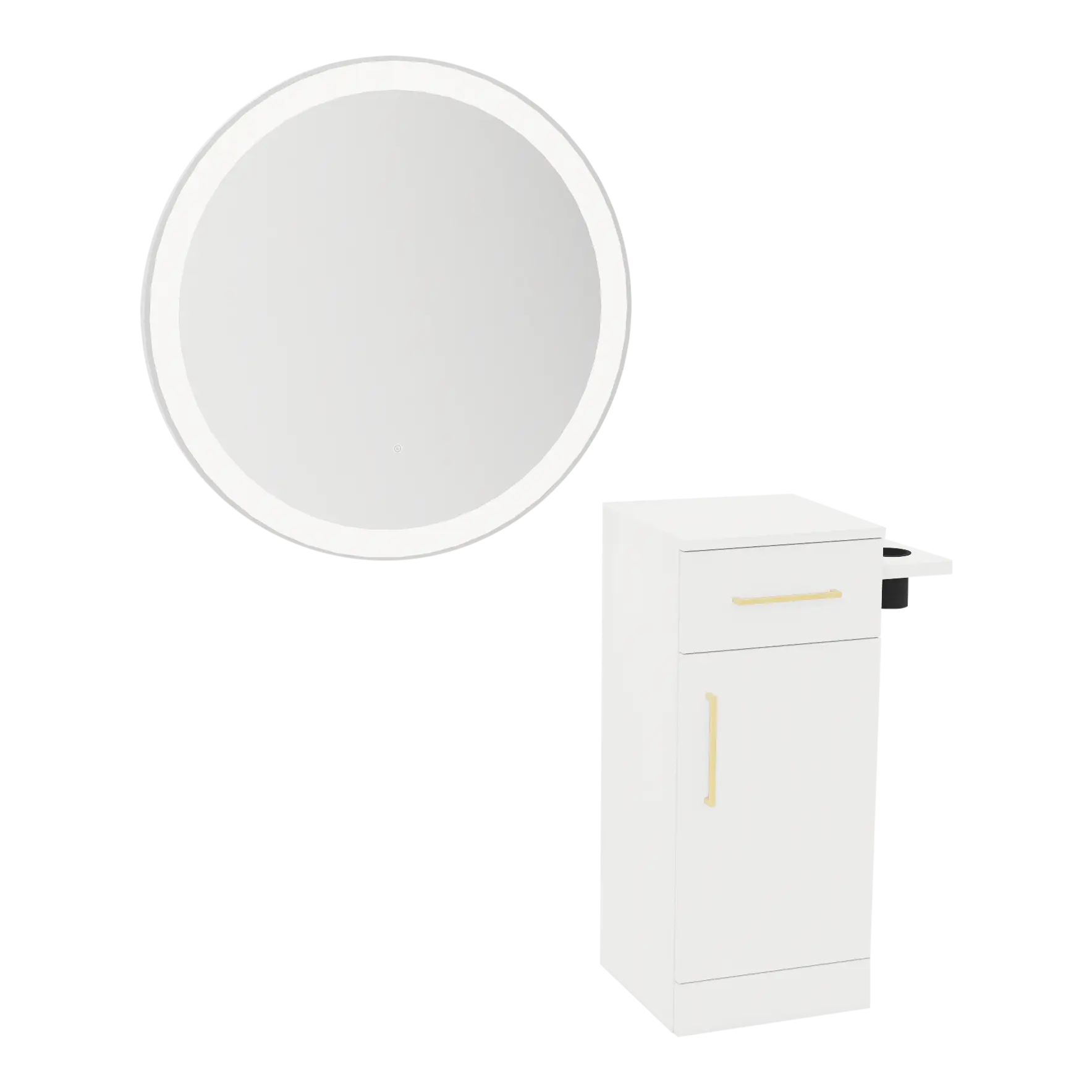 Nova Tower Free Standing Styling Station with Side-Mount Appliance Holder and Silver Round Glo Mirror