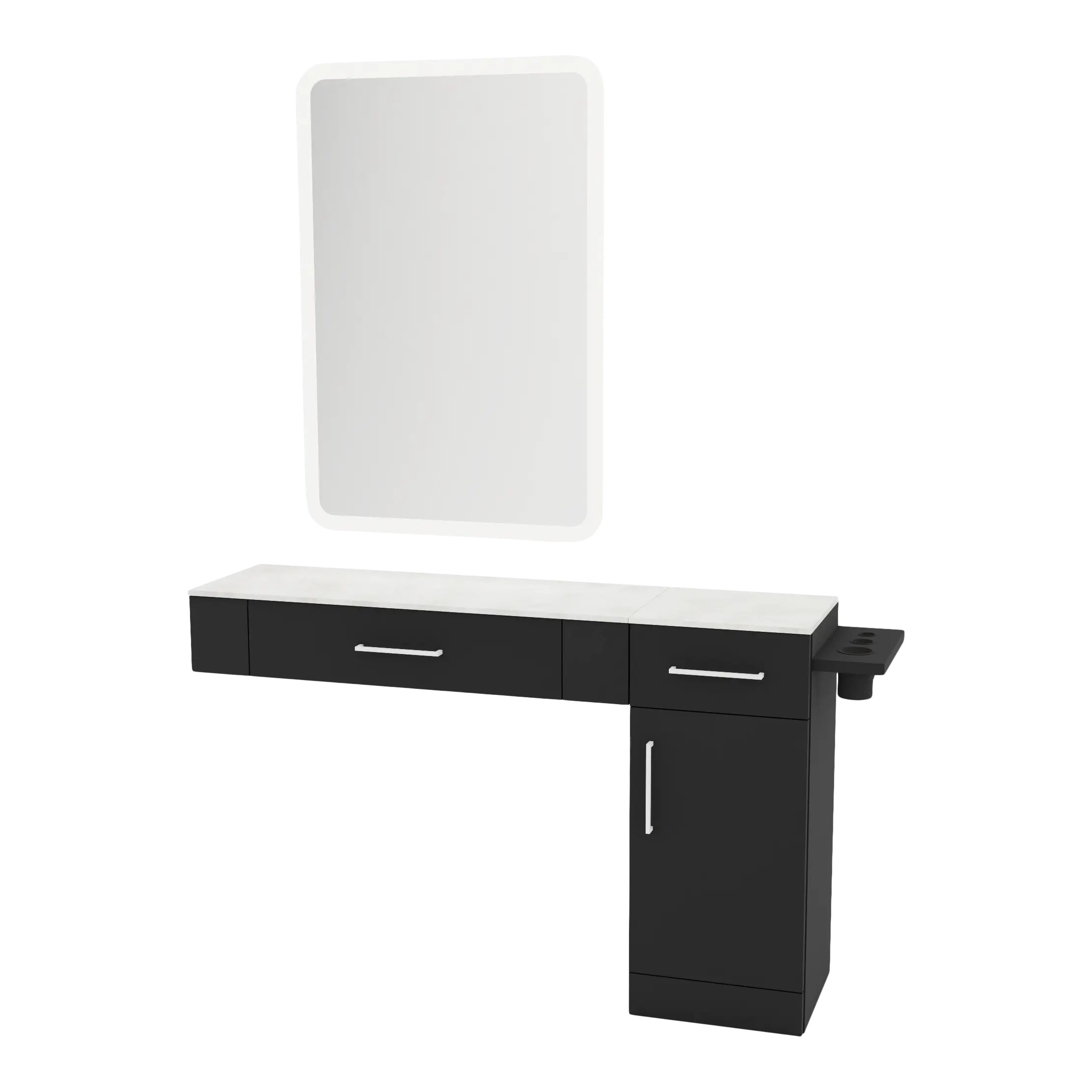 Nova Combo Wall Mount Styling Station with Side-Mount Appliance Holder, Solid Surface Countertop, and White Rectangle Illuminate Back Lit Mirror