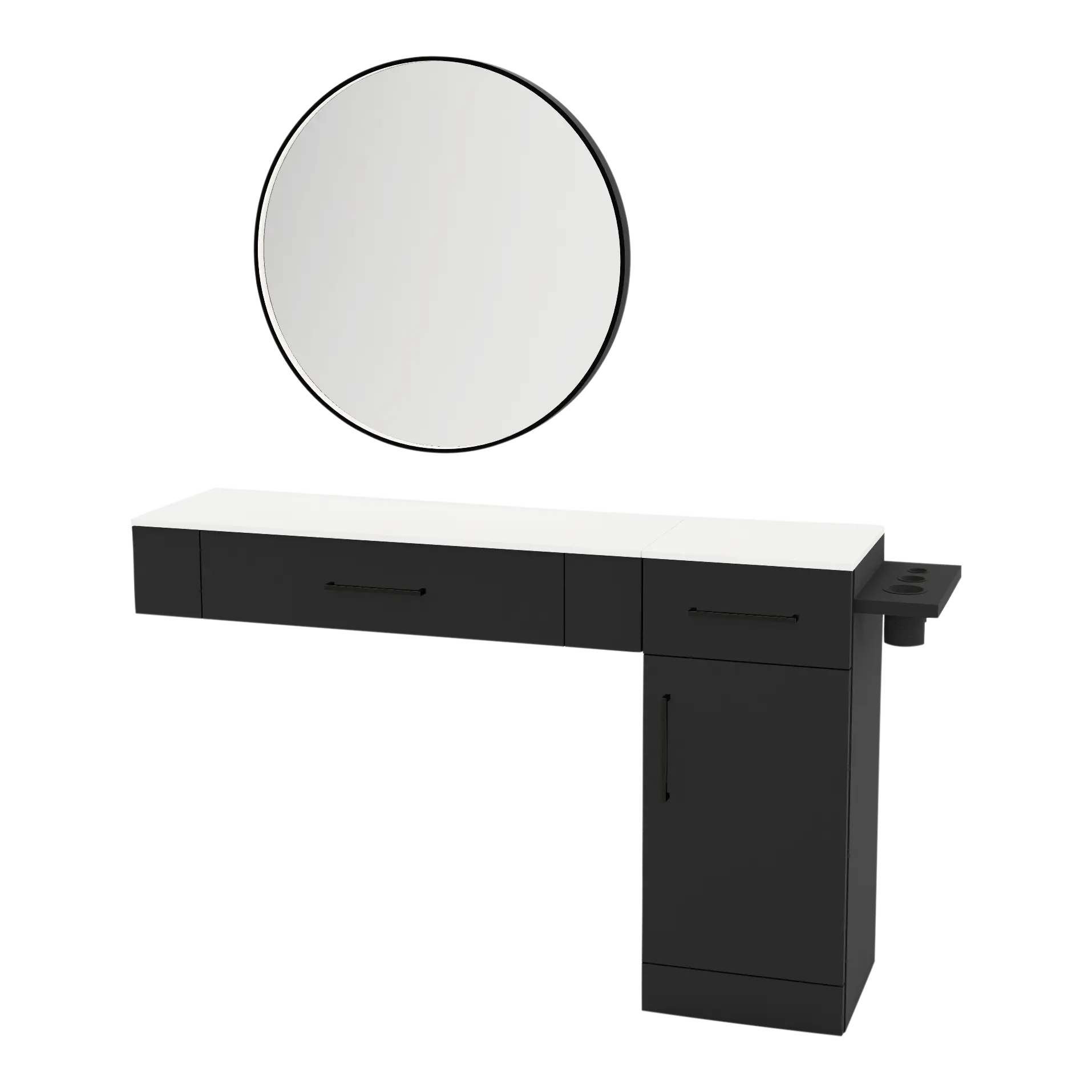 Nova Combo Wall Mount Styling Station with Side-Mount Appliance Holder, Solid Surface Countertop, and Black Round Westin Mirror