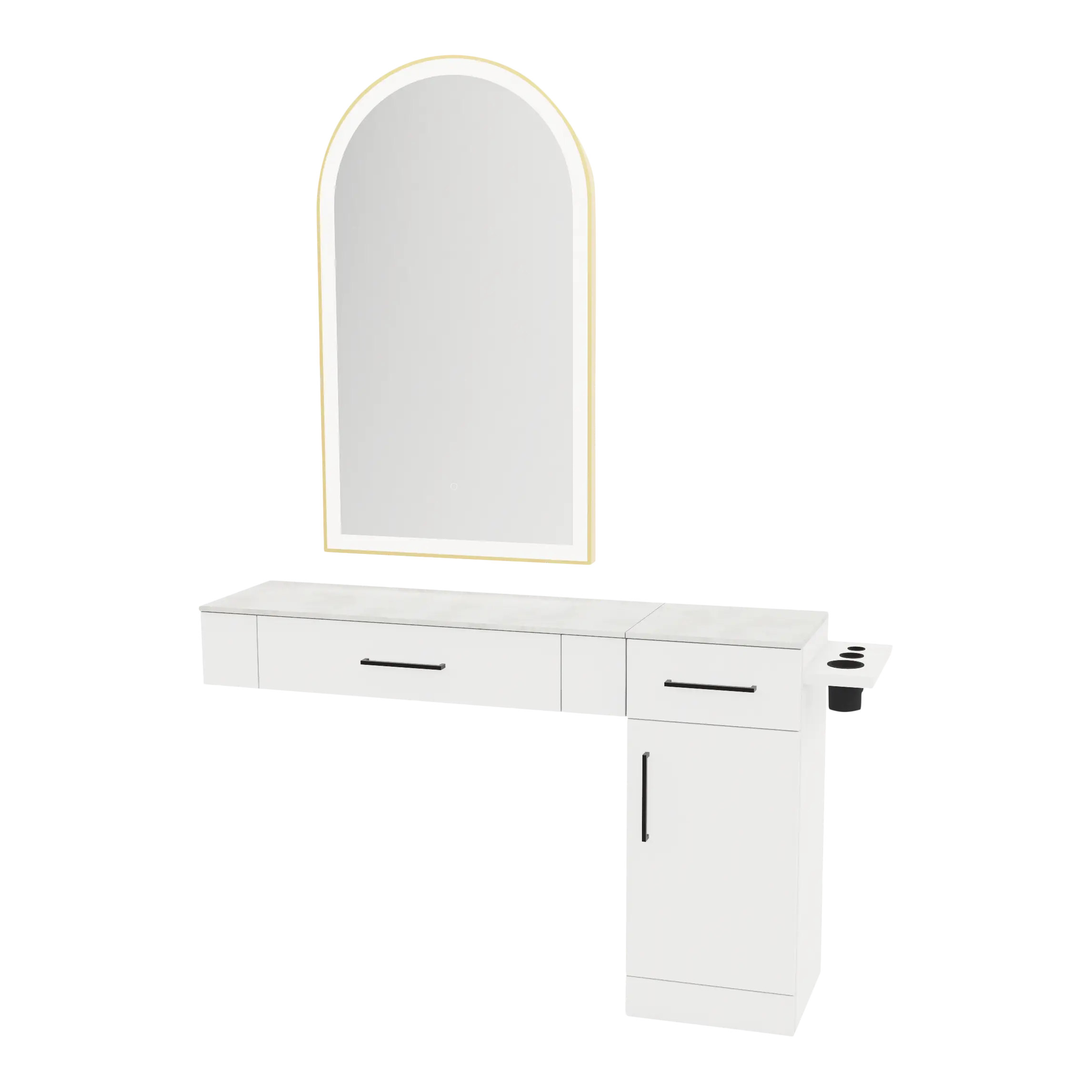 Nova Combo Wall Mount Styling Station with Side-Mount Appliance Holder, Solid Surface Countertop, and Black Arch Paloma Mirror