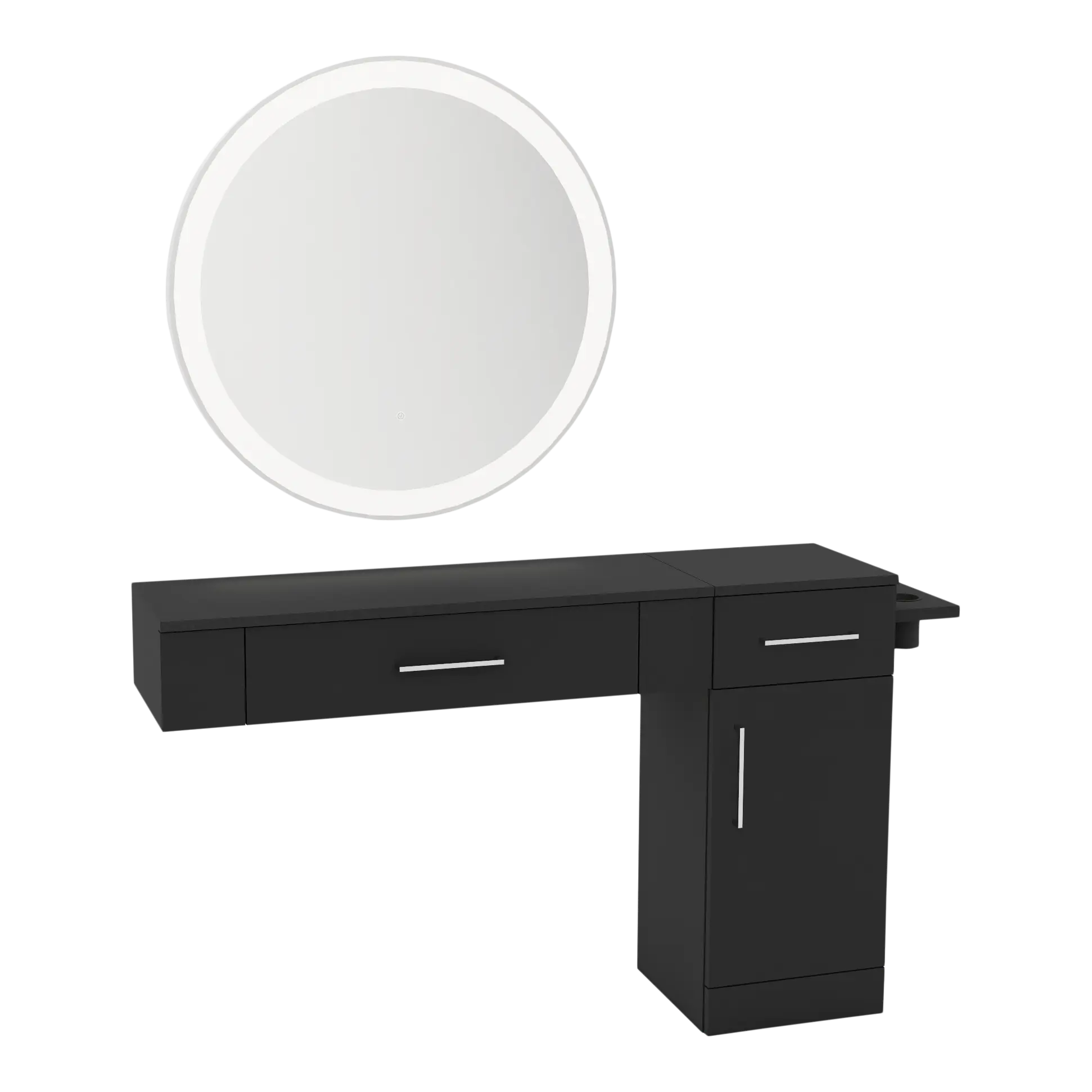 Nova Combo Wall Mount Styling Station with Side-Mount Appliance Holder and Silver Round Glo Mirror