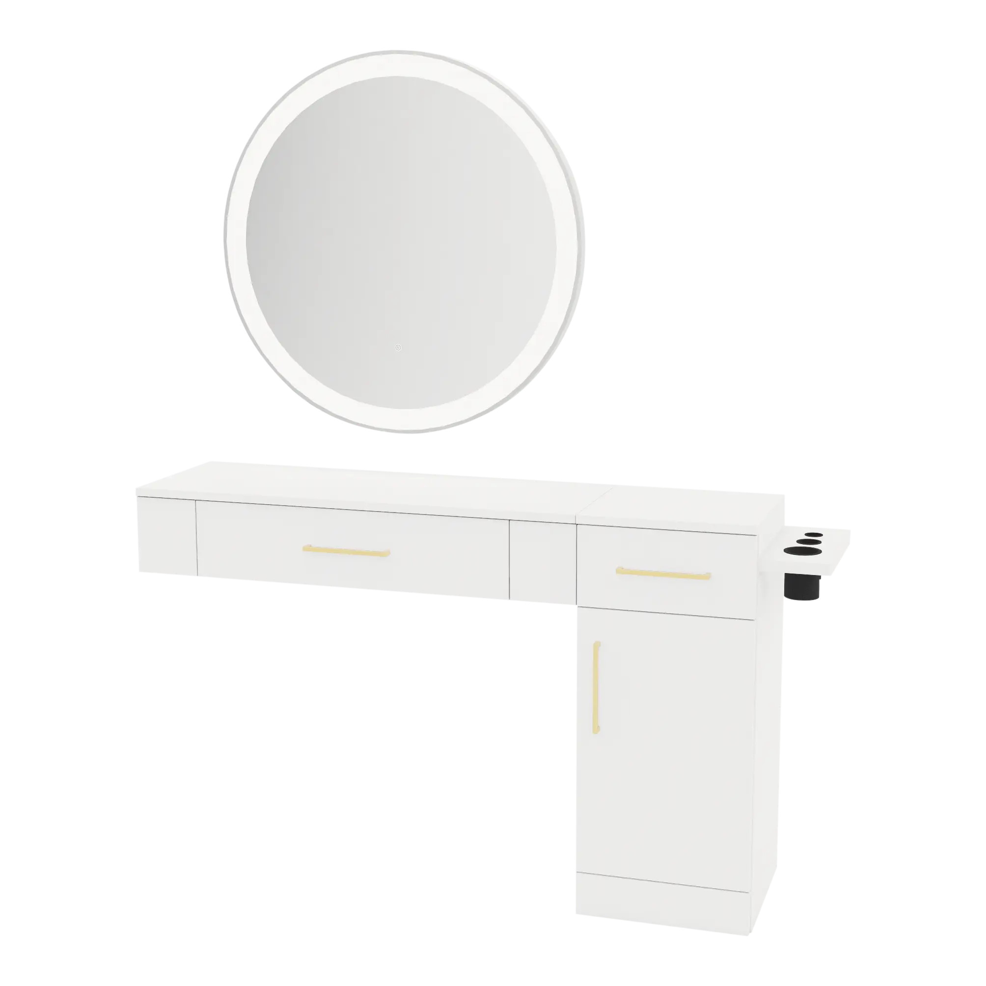 Nova Combo Wall Mount Styling Station with Side-Mount Appliance Holder and Silver Round Glo Mirror