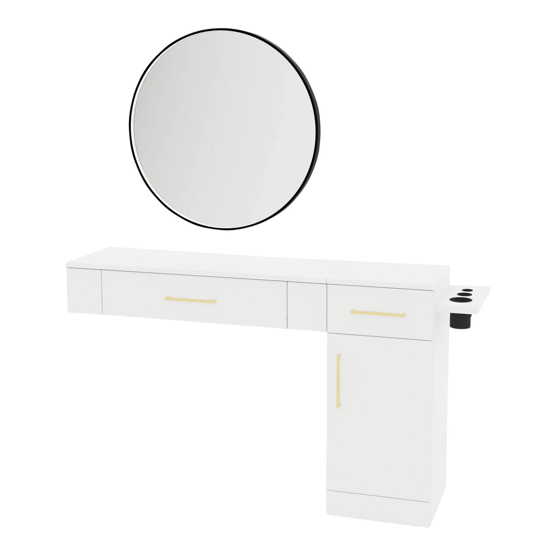 Nova Combo Wall Mount Styling Station with Side-Mount Appliance Holder and Black Round Westin Mirror