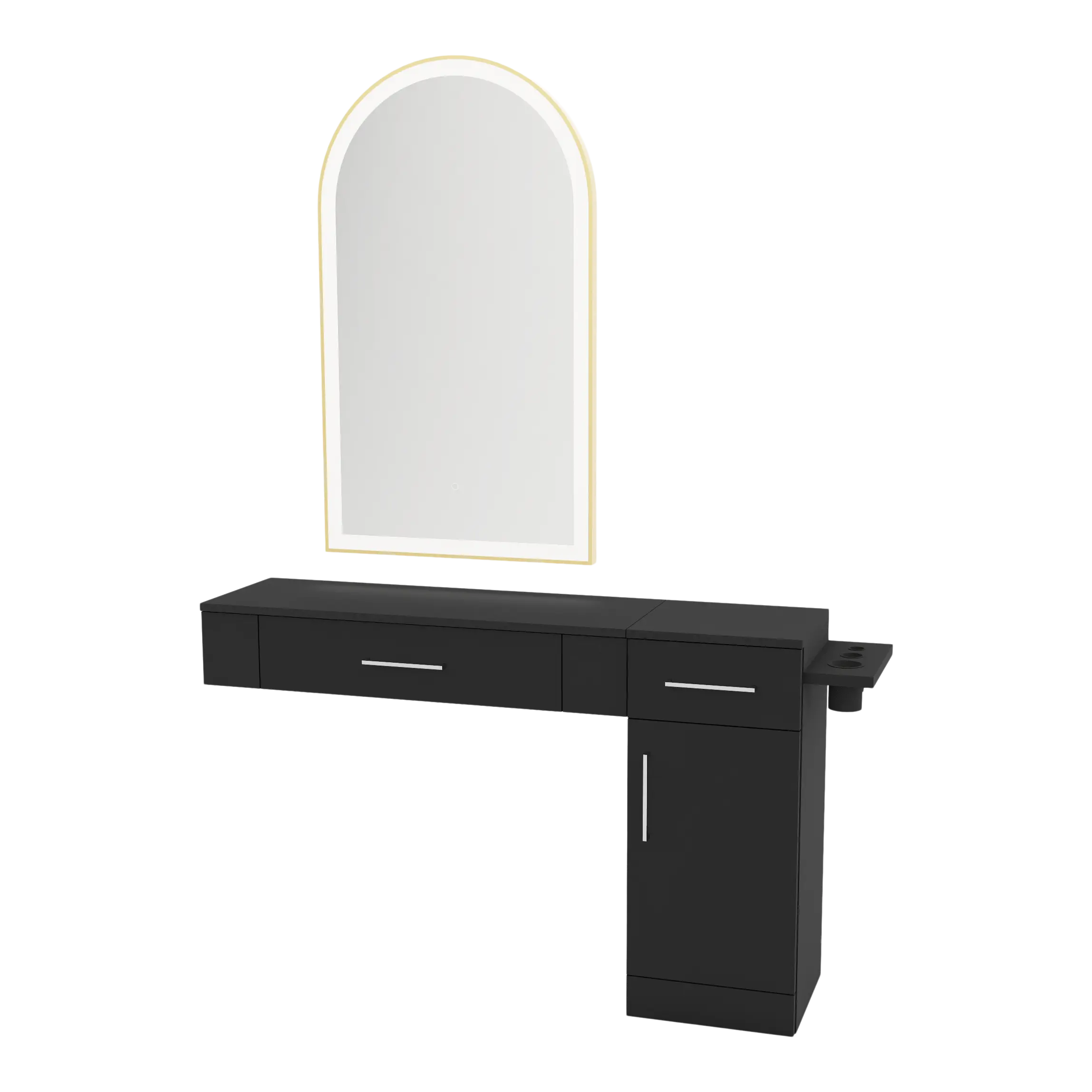 Nova Combo Wall Mount Styling Station with Side-Mount Appliance Holder and Gold Arch Paloma Mirror