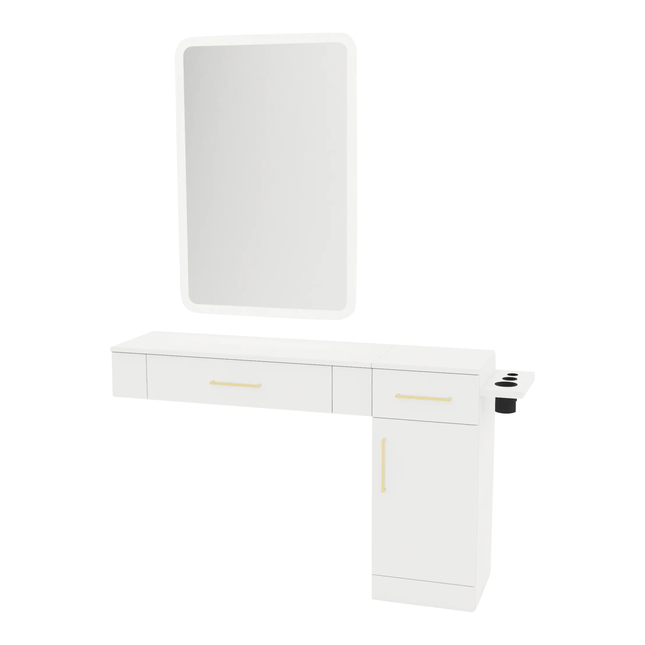 Nova Combo Wall Mount Styling Station with Side-Mount Appliance Holder and White Rectangle Illuminate Back Lit Mirror