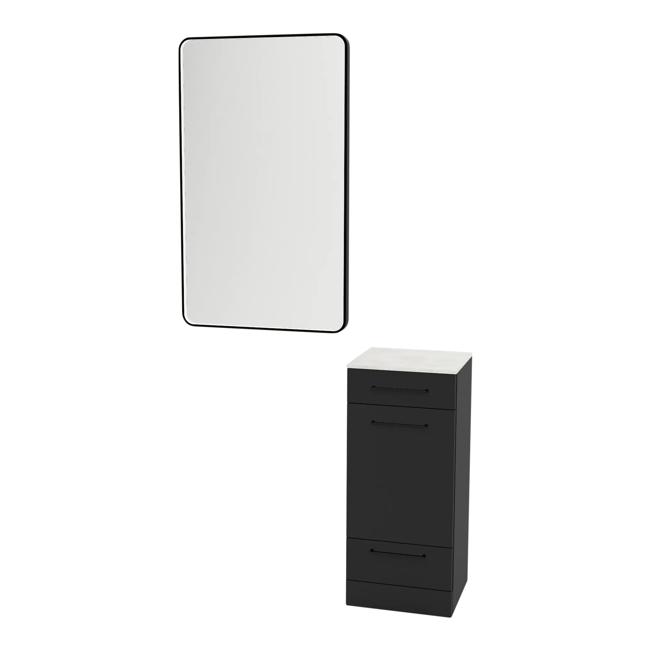 Rococo Mobile Styling Station with Tilt-out Appliance Holder, Solid Surface Countertop, and Black Rectangle Westin Mirror