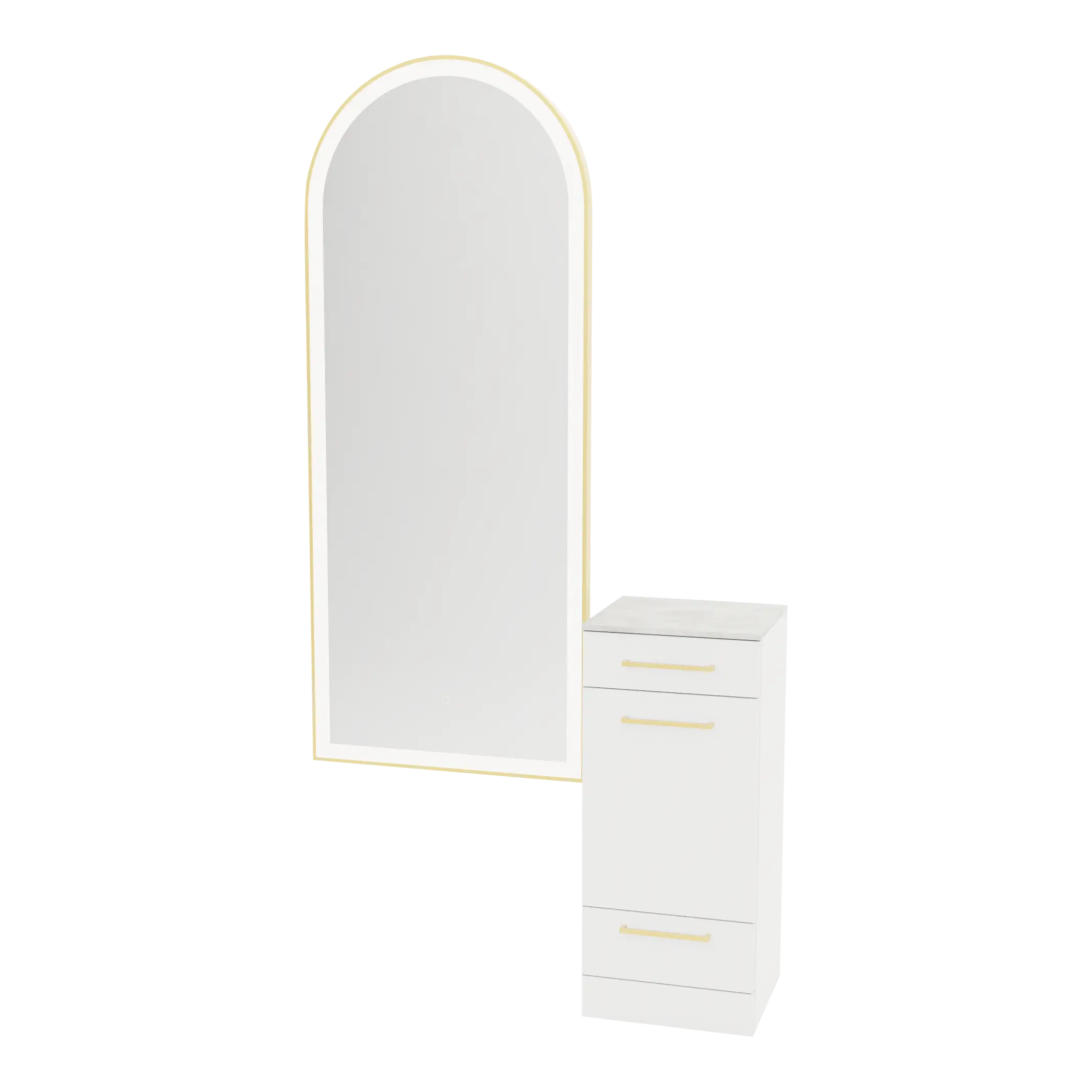Rococo Mobile Styling Station with Tilt-out Appliance Holder, Solid Surface Countertop, and Gold Full-Length Arch Paloma Mirror