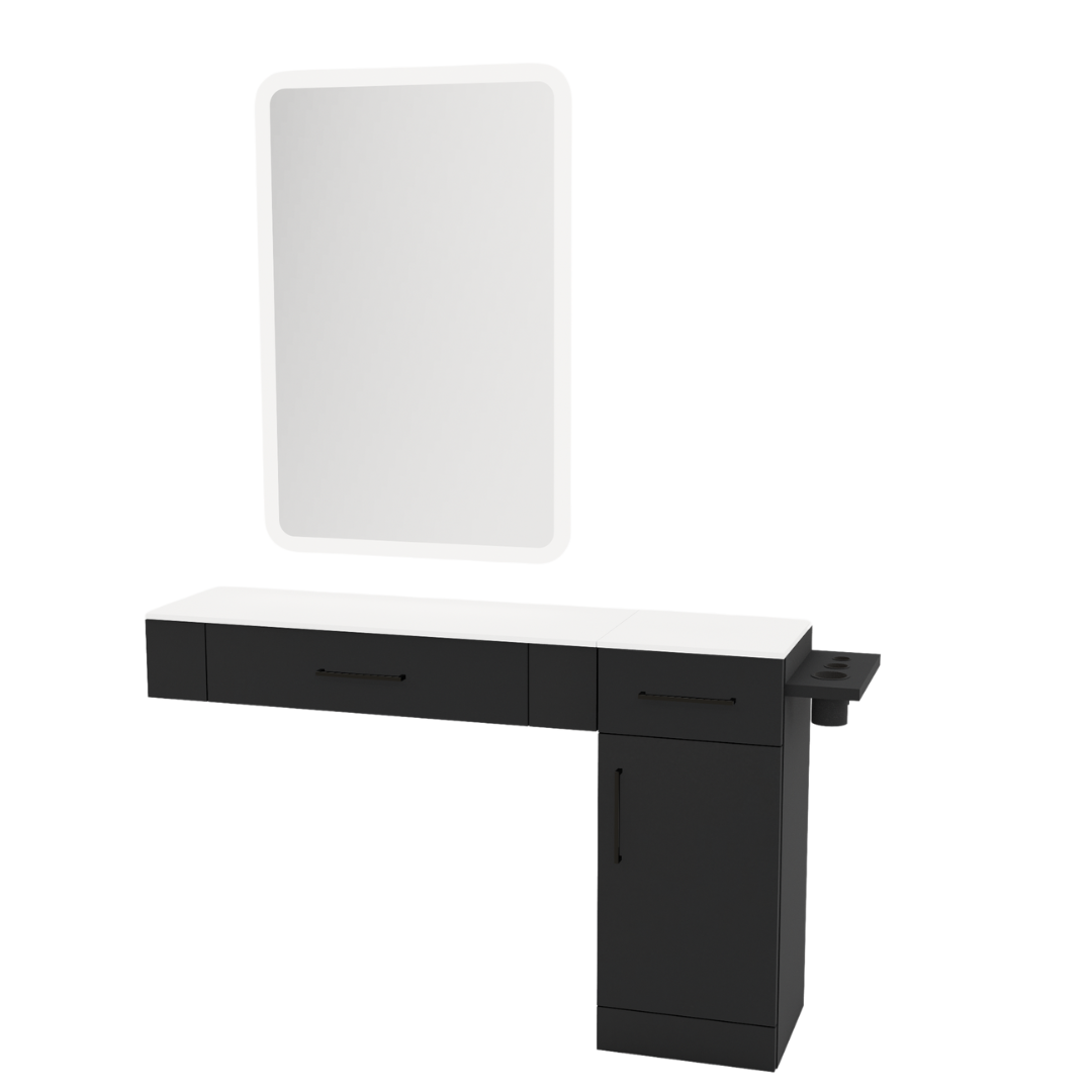 Nova Combo Wall Mount Styling Station with Side-Mount Appliance Holder, Solid Surface Countertop, and White Rectangle Illuminate Back Lit Mirror