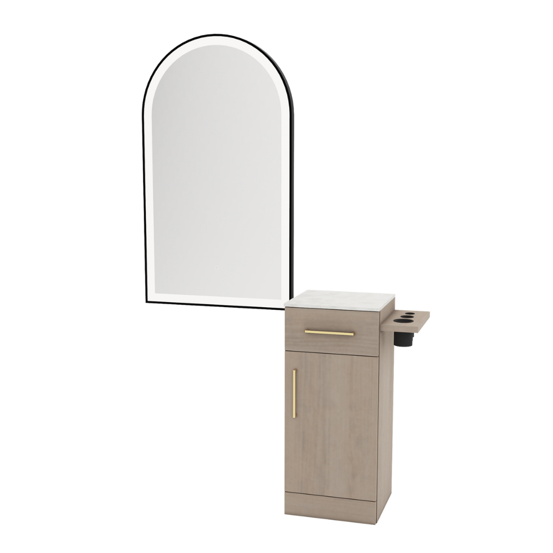 Nova Tower Free Standing Styling Station with Side-Mount Appliance Holder, Solid Surface Countertop, and Black Arch Paloma Mirror